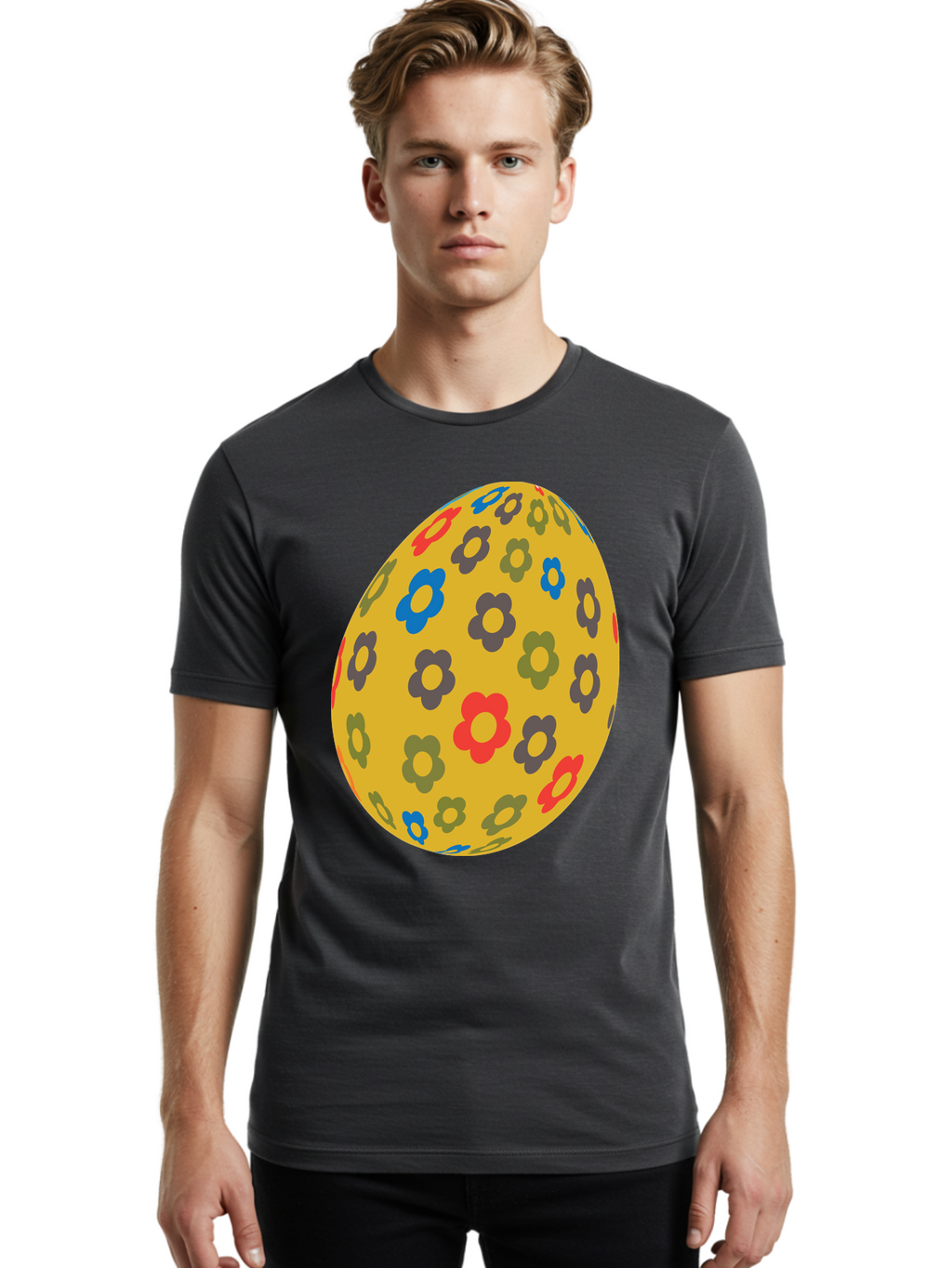 Yellow-Easter-Egg Men'S Graphic Tee, 100% Cotton, Comfortable Casual Summer Wear, Machine Washable, Easter Egg, Floral Pattern, Yellow Background, Colorful Flowers, Red, Blue, Purple, Green Hues, Spring Decoration, Festive Design, Aad325