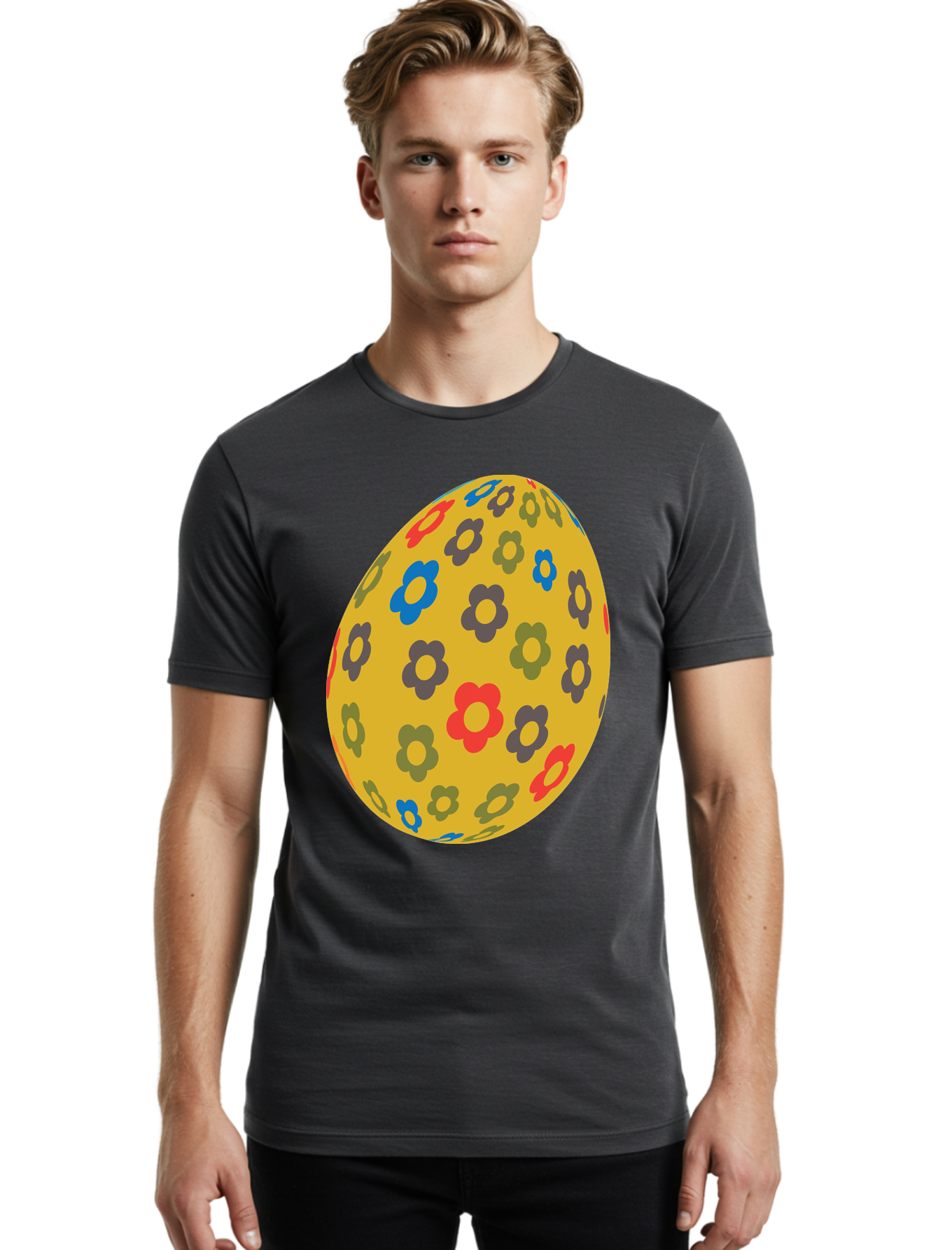 Yellow-Easter-Egg Men'S Graphic Tee, 100% Cotton, Comfortable Casual Summer Wear, Machine Washable, Easter Egg, Floral Pattern, Yellow Background, Colorful Flowers, Red, Blue, Purple, Green Hues, Spring Decoration, Festive Design, Aad325
