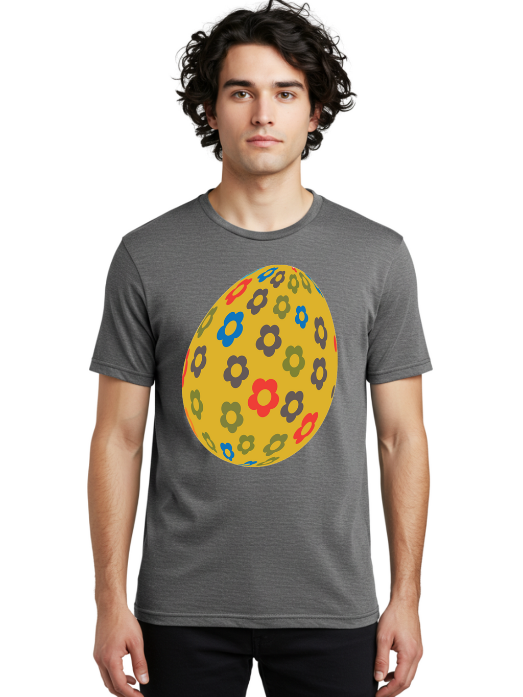 Yellow-Easter-Egg Men'S Graphic Tee, 100% Cotton, Comfortable Casual Summer Wear, Machine Washable, Easter Egg, Floral Pattern, Yellow Background, Colorful Flowers, Red, Blue, Purple, Green Hues, Spring Decoration, Festive Design, Aad325