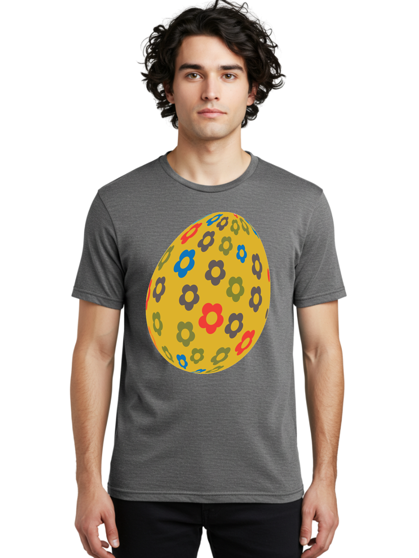 Yellow-Easter-Egg Men'S Graphic Tee, 100% Cotton, Comfortable Casual Summer Wear, Machine Washable, Easter Egg, Floral Pattern, Yellow Background, Colorful Flowers, Red, Blue, Purple, Green Hues, Spring Decoration, Festive Design, Aad325