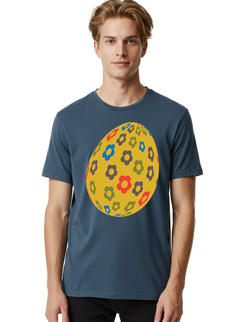 Yellow-Easter-Egg Men'S Graphic Tee, 100% Cotton, Comfortable Casual Summer Wear, Machine Washable, Easter Egg, Floral Pattern, Yellow Background, Colorful Flowers, Red, Blue, Purple, Green Hues, Spring Decoration, Festive Design, Aad325