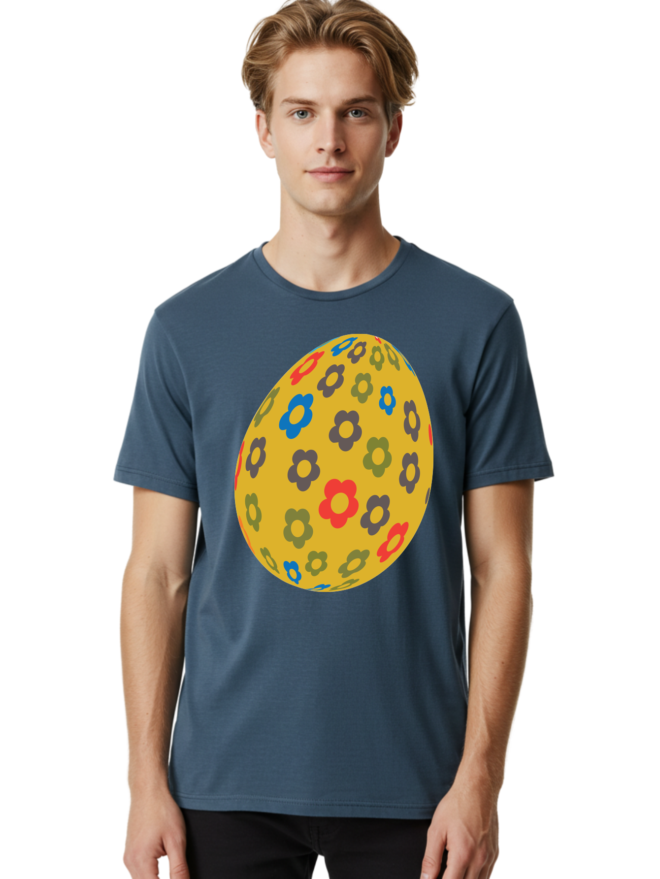 Yellow-Easter-Egg Men'S Graphic Tee, 100% Cotton, Comfortable Casual Summer Wear, Machine Washable, Easter Egg, Floral Pattern, Yellow Background, Colorful Flowers, Red, Blue, Purple, Green Hues, Spring Decoration, Festive Design, Aad325