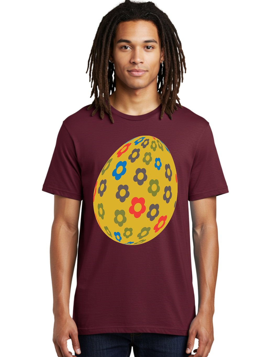 Yellow-Easter-Egg Men'S Graphic Tee, 100% Cotton, Comfortable Casual Summer Wear, Machine Washable, Easter Egg, Floral Pattern, Yellow Background, Colorful Flowers, Red, Blue, Purple, Green Hues, Spring Decoration, Festive Design, Aad325
