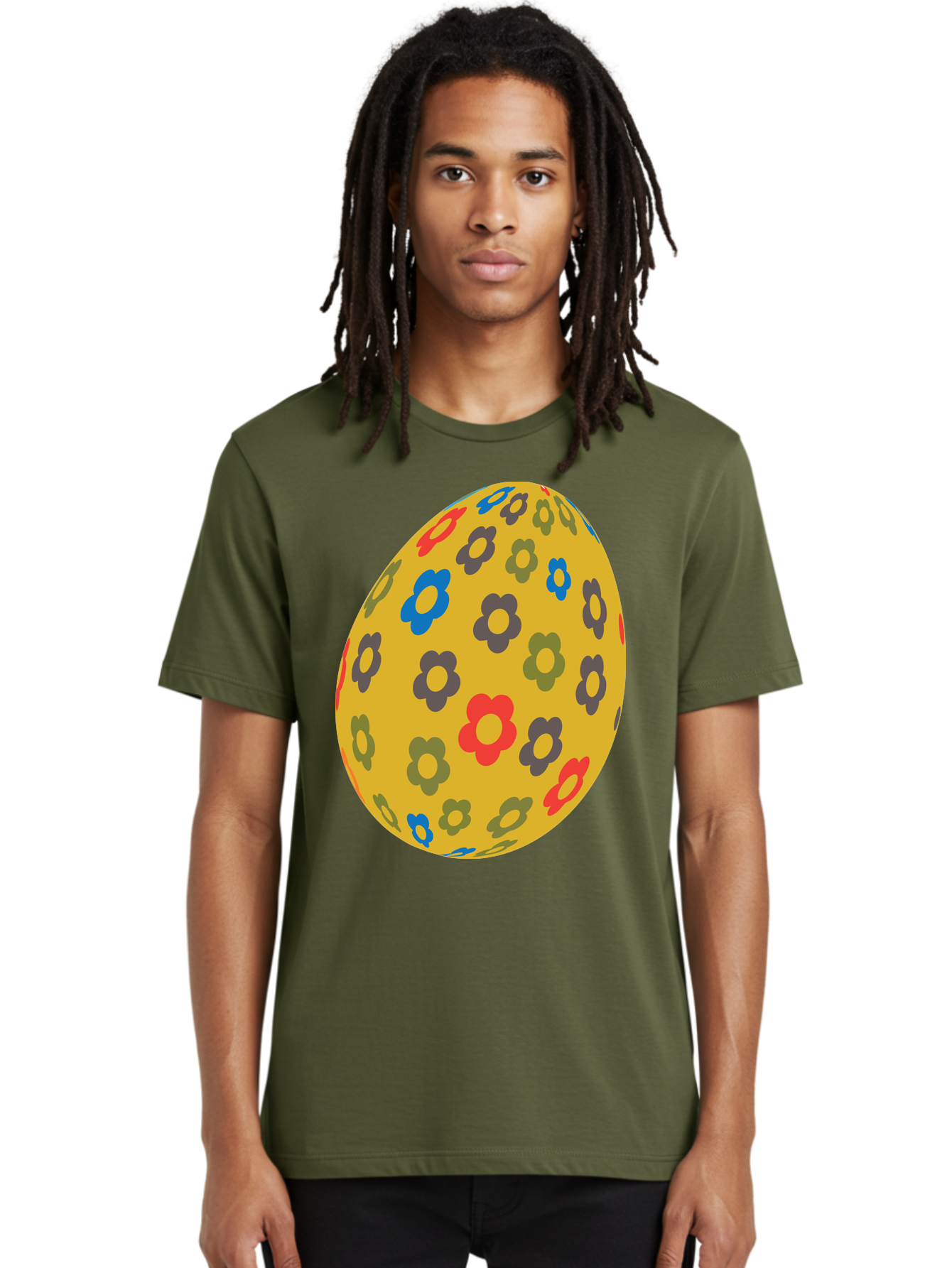 Yellow-Easter-Egg Men'S Graphic Tee, 100% Cotton, Comfortable Casual Summer Wear, Machine Washable, Easter Egg, Floral Pattern, Yellow Background, Colorful Flowers, Red, Blue, Purple, Green Hues, Spring Decoration, Festive Design, Aad325