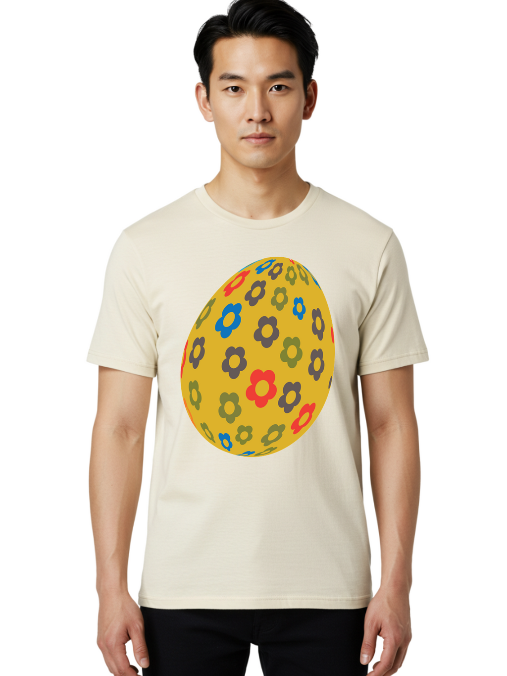 Yellow-Easter-Egg Men'S Graphic Tee, 100% Cotton, Comfortable Casual Summer Wear, Machine Washable, Easter Egg, Floral Pattern, Yellow Background, Colorful Flowers, Red, Blue, Purple, Green Hues, Spring Decoration, Festive Design, Aad325