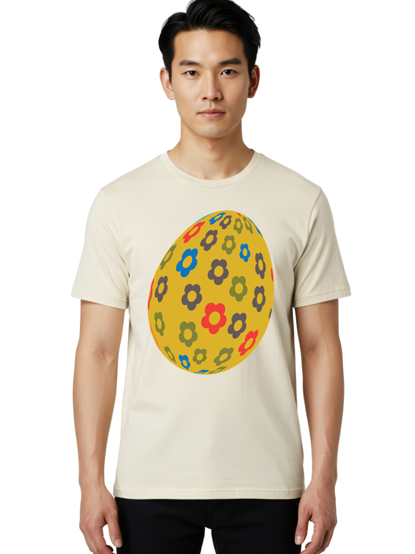 Yellow-Easter-Egg Men'S Graphic Tee, 100% Cotton, Comfortable Casual Summer Wear, Machine Washable, Easter Egg, Floral Pattern, Yellow Background, Colorful Flowers, Red, Blue, Purple, Green Hues, Spring Decoration, Festive Design, Aad325