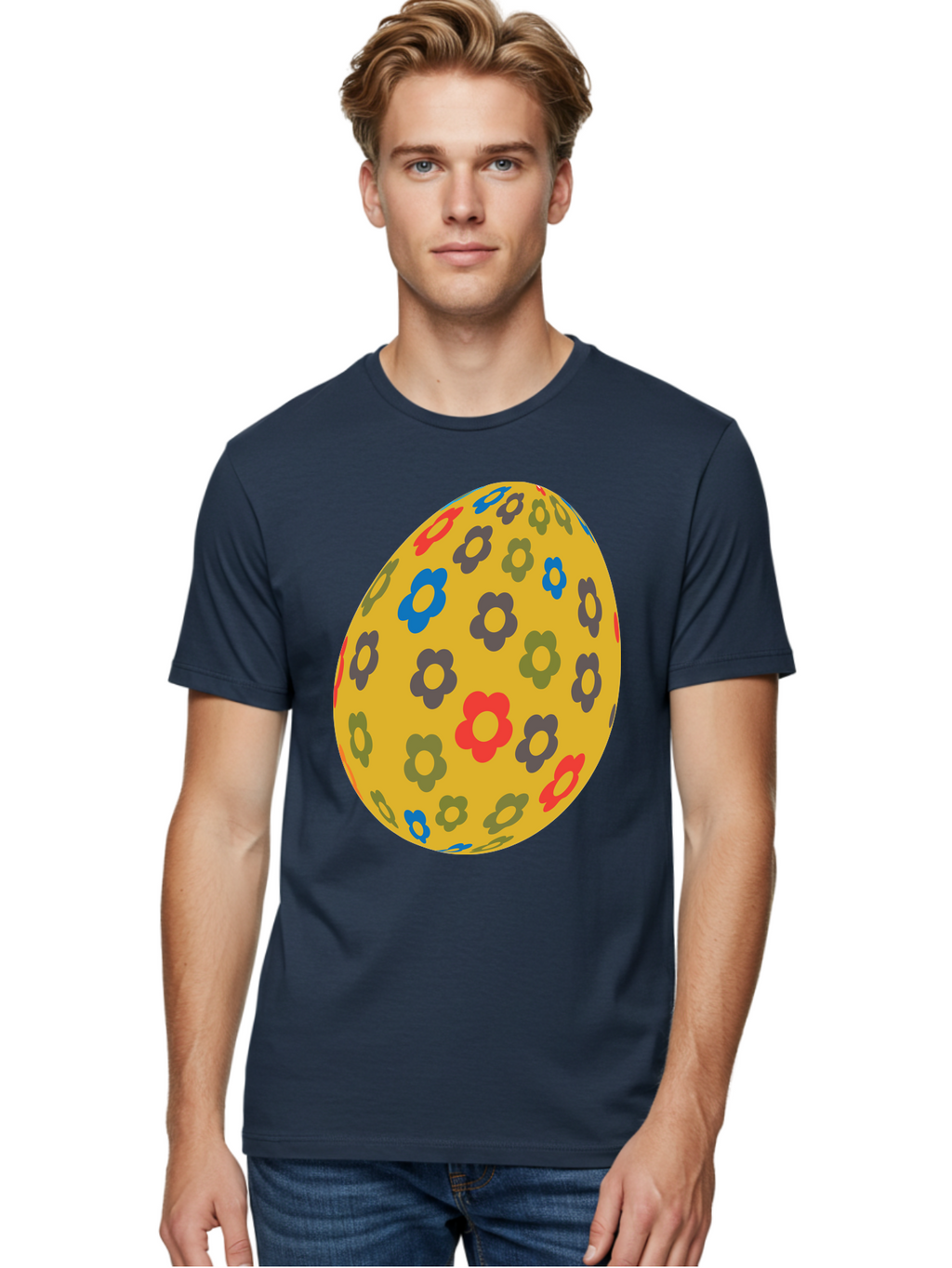 Yellow-Easter-Egg Men'S Graphic Tee, 100% Cotton, Comfortable Casual Summer Wear, Machine Washable, Easter Egg, Floral Pattern, Yellow Background, Colorful Flowers, Red, Blue, Purple, Green Hues, Spring Decoration, Festive Design, Aad325
