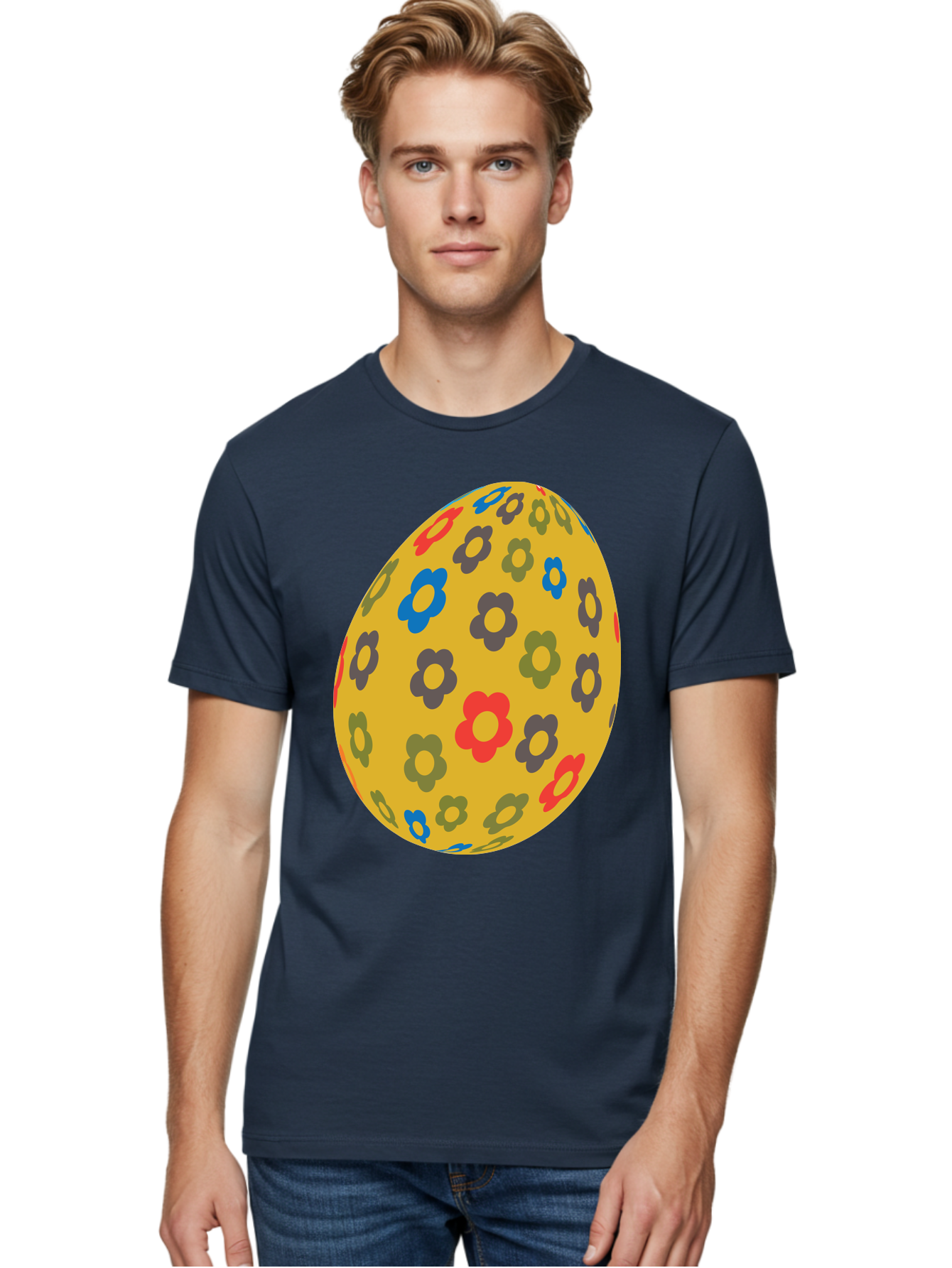 Yellow-Easter-Egg Men'S Graphic Tee, 100% Cotton, Comfortable Casual Summer Wear, Machine Washable, Easter Egg, Floral Pattern, Yellow Background, Colorful Flowers, Red, Blue, Purple, Green Hues, Spring Decoration, Festive Design, Aad325
