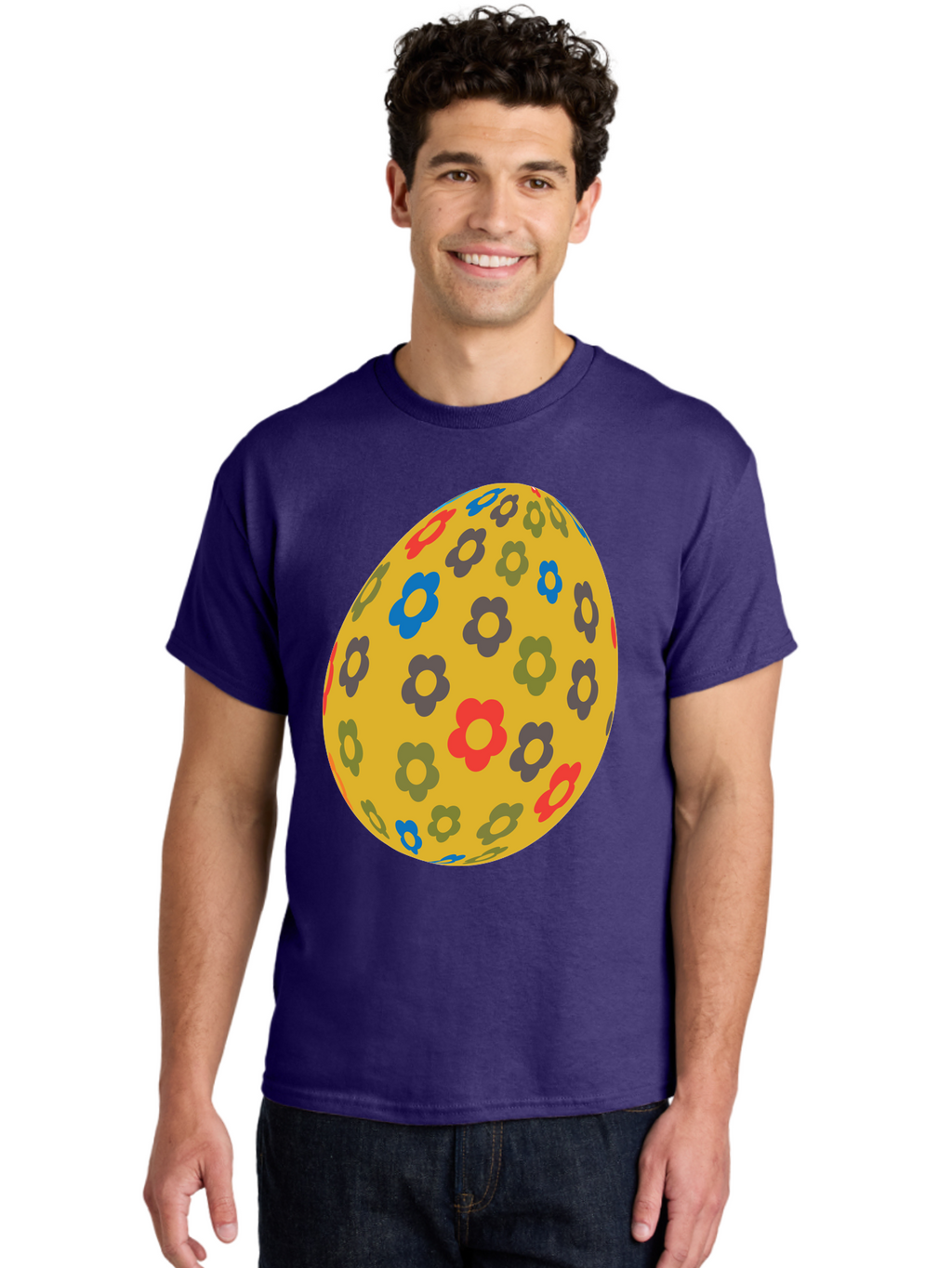 Yellow-Easter-Egg Men'S Graphic Tee, 100% Cotton, Comfortable Casual Summer Wear, Machine Washable, Easter Egg, Floral Pattern, Yellow Background, Colorful Flowers, Red, Blue, Purple, Green Hues, Spring Decoration, Festive Design, Aad325