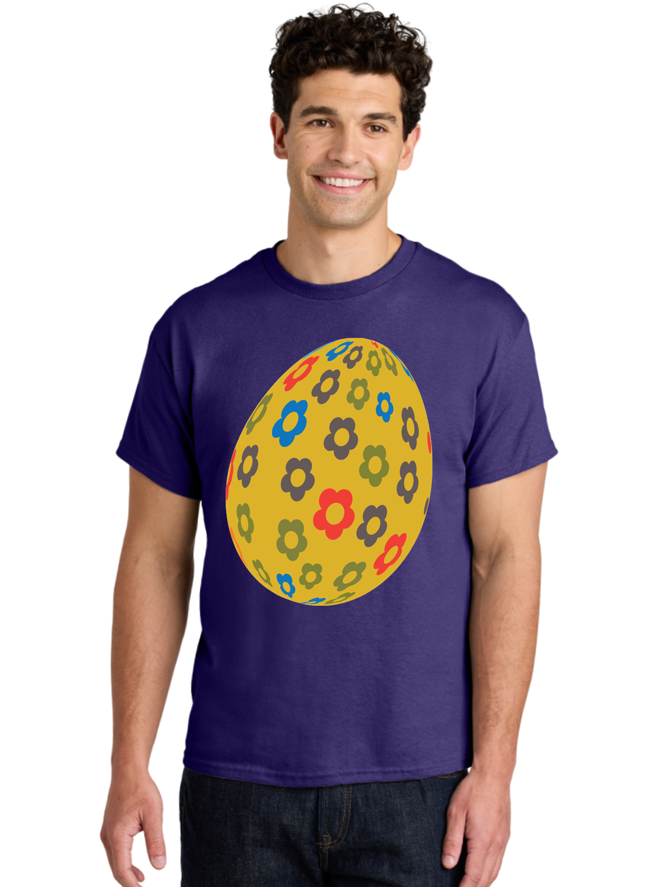 Yellow-Easter-Egg Men'S Graphic Tee, 100% Cotton, Comfortable Casual Summer Wear, Machine Washable, Easter Egg, Floral Pattern, Yellow Background, Colorful Flowers, Red, Blue, Purple, Green Hues, Spring Decoration, Festive Design, Aad325