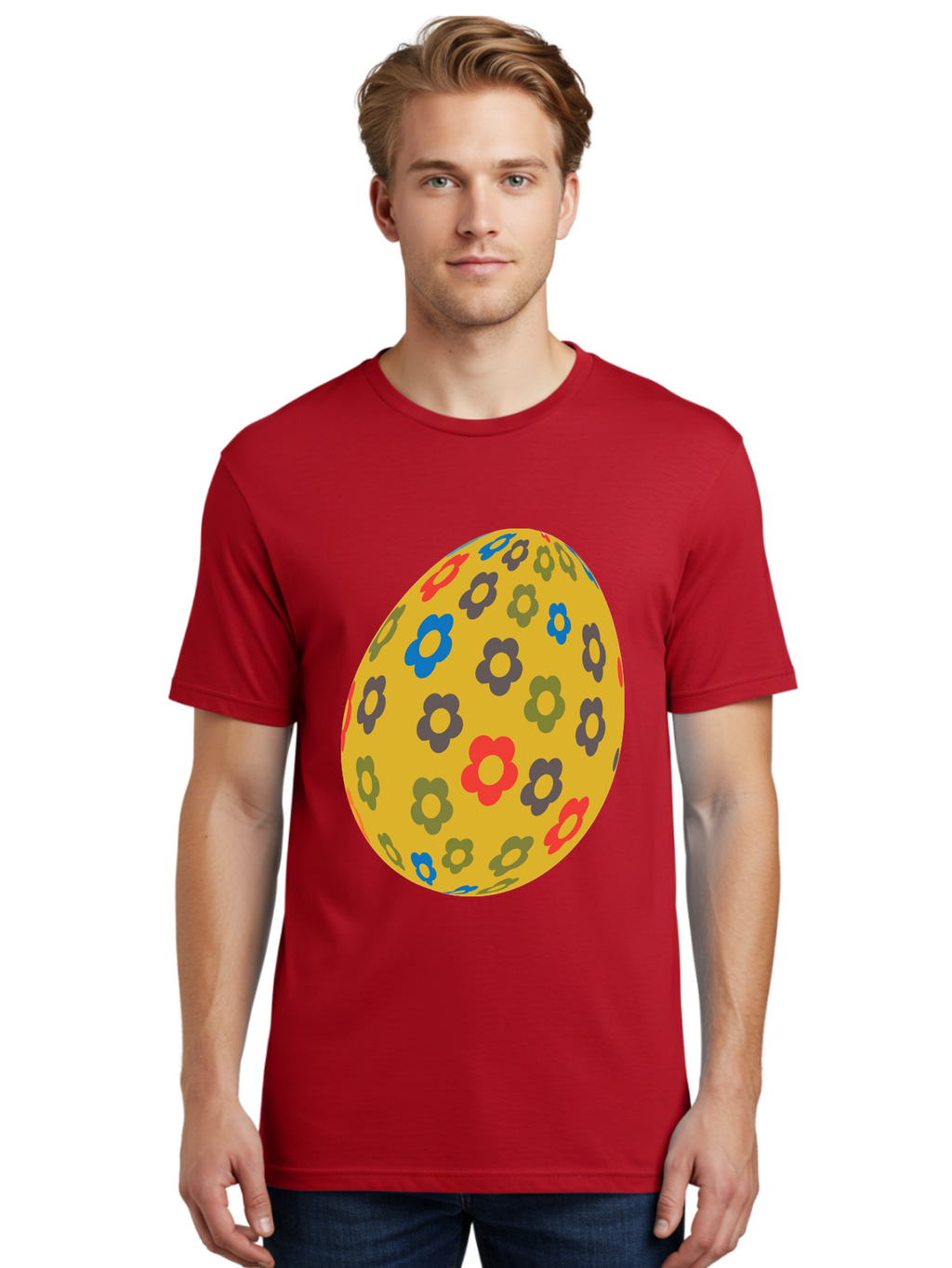 Yellow-Easter-Egg Men'S Graphic Tee, 100% Cotton, Comfortable Casual Summer Wear, Machine Washable, Easter Egg, Floral Pattern, Yellow Background, Colorful Flowers, Red, Blue, Purple, Green Hues, Spring Decoration, Festive Design, Aad325