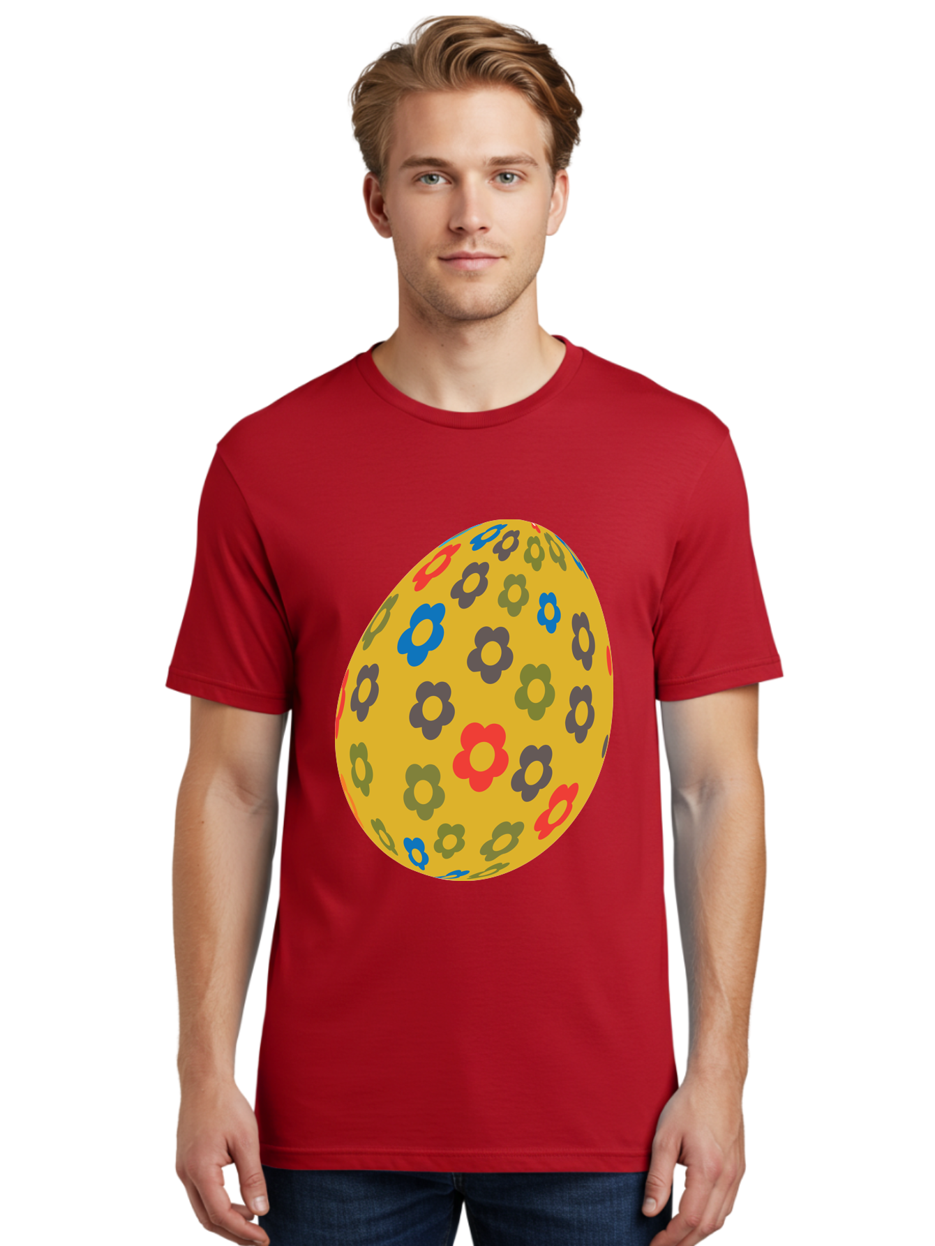 Yellow-Easter-Egg Men'S Graphic Tee, 100% Cotton, Comfortable Casual Summer Wear, Machine Washable, Easter Egg, Floral Pattern, Yellow Background, Colorful Flowers, Red, Blue, Purple, Green Hues, Spring Decoration, Festive Design, Aad325