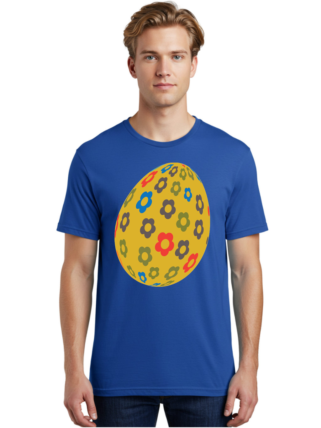 Yellow-Easter-Egg Men'S Graphic Tee, 100% Cotton, Comfortable Casual Summer Wear, Machine Washable, Easter Egg, Floral Pattern, Yellow Background, Colorful Flowers, Red, Blue, Purple, Green Hues, Spring Decoration, Festive Design, Aad325