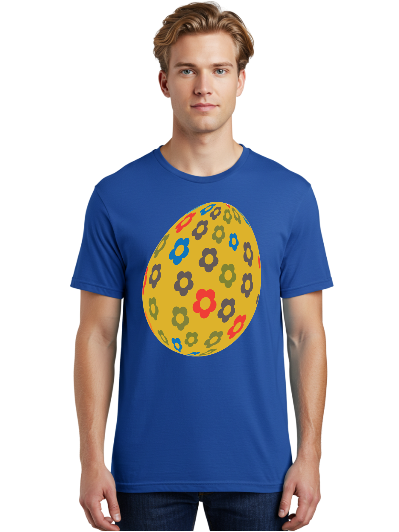 Yellow-Easter-Egg Men'S Graphic Tee, 100% Cotton, Comfortable Casual Summer Wear, Machine Washable, Easter Egg, Floral Pattern, Yellow Background, Colorful Flowers, Red, Blue, Purple, Green Hues, Spring Decoration, Festive Design, Aad325
