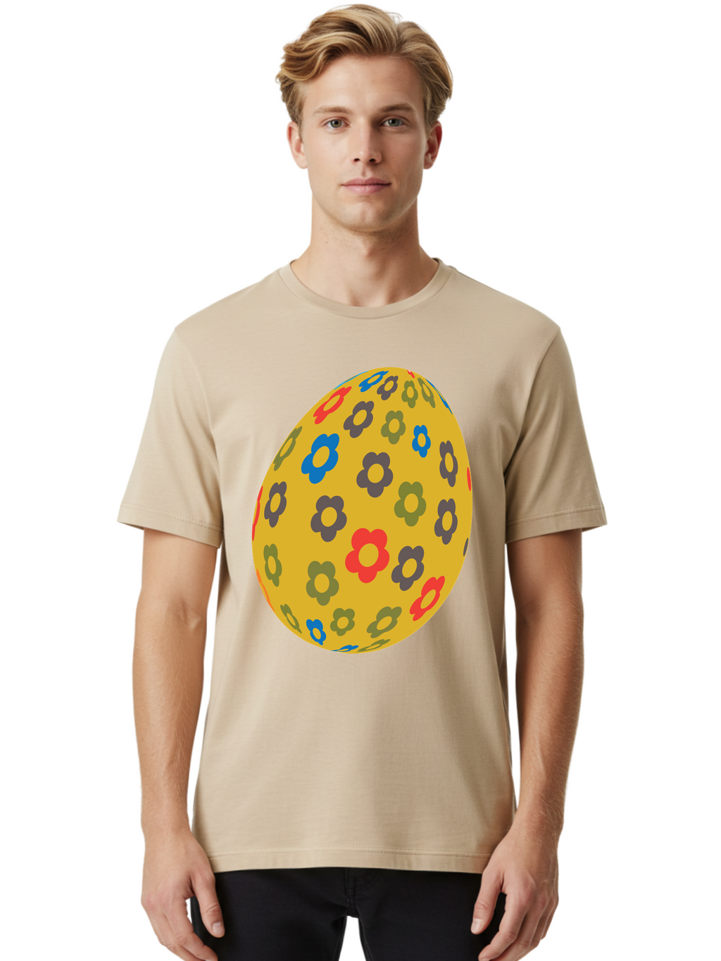 Yellow-Easter-Egg Men'S Graphic Tee, 100% Cotton, Comfortable Casual Summer Wear, Machine Washable, Easter Egg, Floral Pattern, Yellow Background, Colorful Flowers, Red, Blue, Purple, Green Hues, Spring Decoration, Festive Design, Aad325