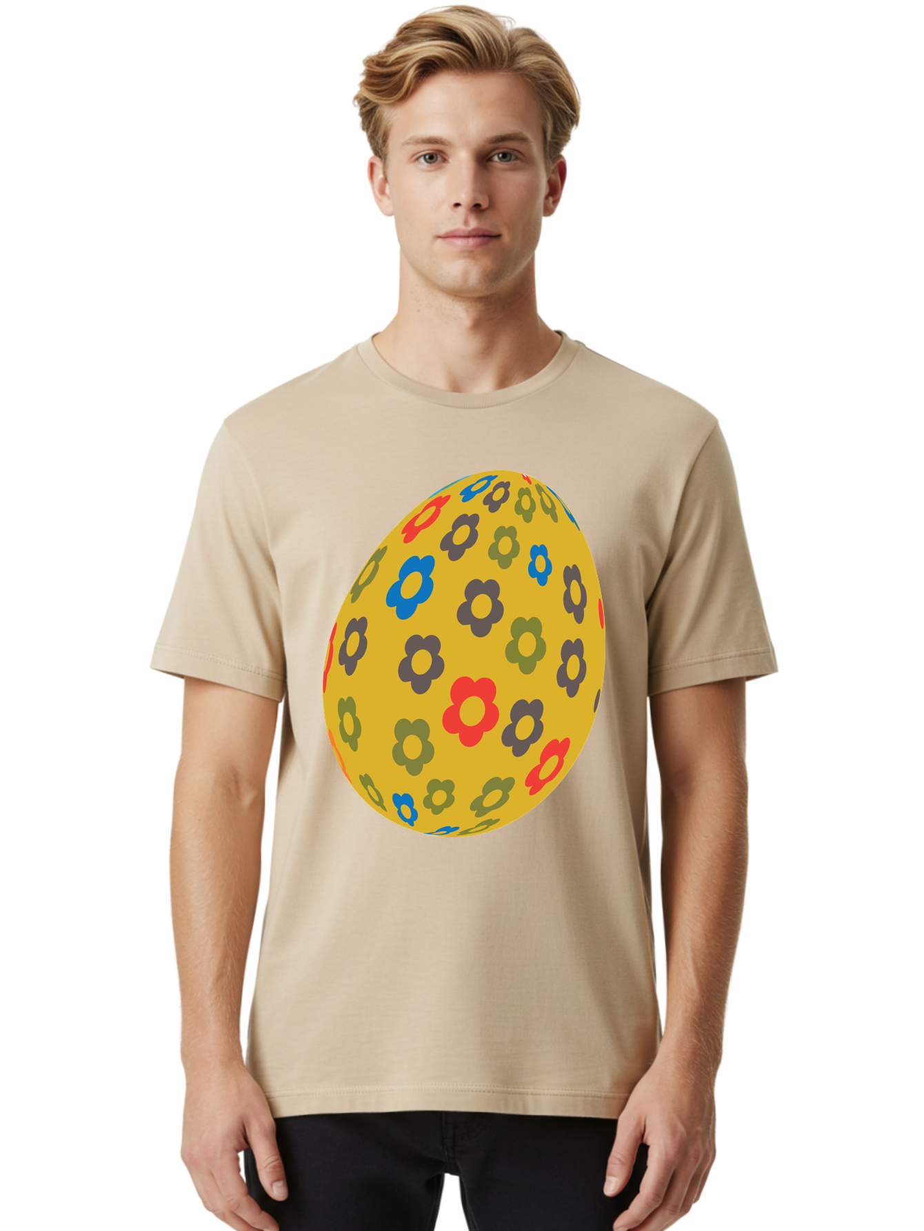 Yellow-Easter-Egg Men'S Graphic Tee, 100% Cotton, Comfortable Casual Summer Wear, Machine Washable, Easter Egg, Floral Pattern, Yellow Background, Colorful Flowers, Red, Blue, Purple, Green Hues, Spring Decoration, Festive Design, Aad325