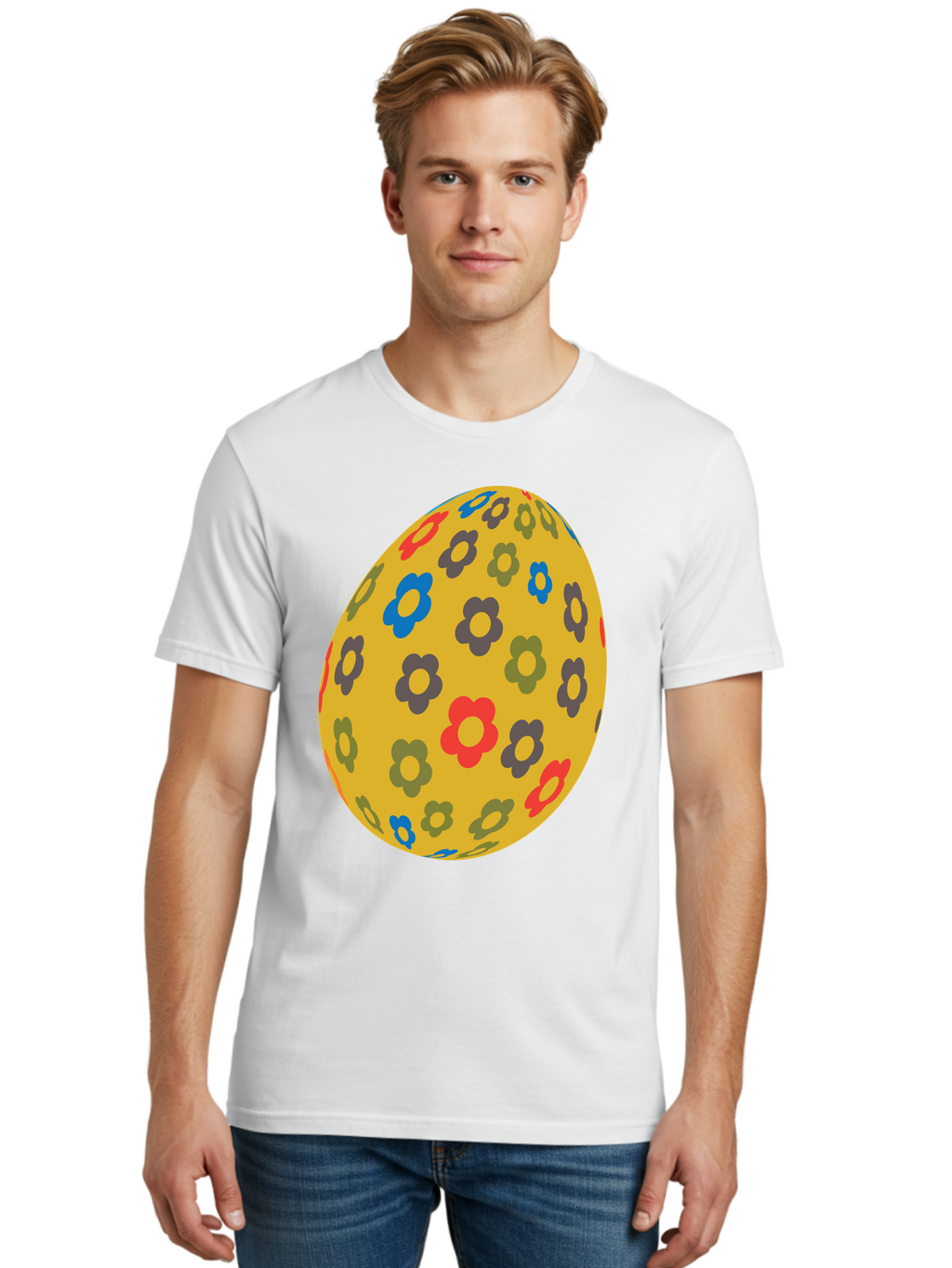 Yellow-Easter-Egg Men'S Graphic Tee, 100% Cotton, Comfortable Casual Summer Wear, Machine Washable, Easter Egg, Floral Pattern, Yellow Background, Colorful Flowers, Red, Blue, Purple, Green Hues, Spring Decoration, Festive Design, Aad325