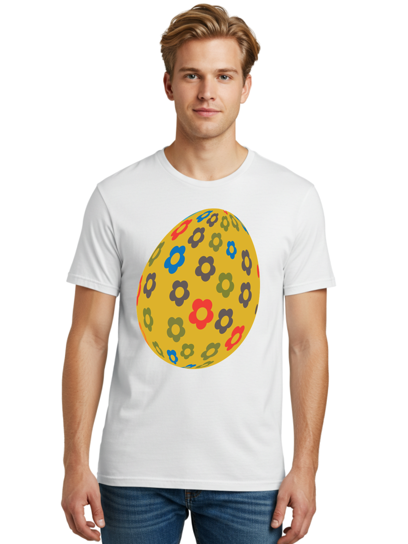 Yellow-Easter-Egg Men'S Graphic Tee, 100% Cotton, Comfortable Casual Summer Wear, Machine Washable, Easter Egg, Floral Pattern, Yellow Background, Colorful Flowers, Red, Blue, Purple, Green Hues, Spring Decoration, Festive Design, Aad325