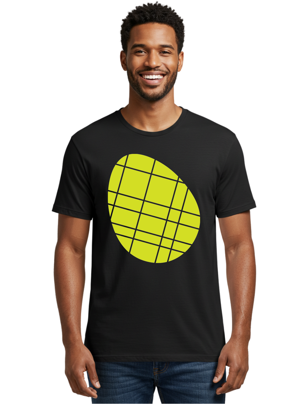 Yellow-Grid Men'S Graphic Tee, 100% Cotton, Comfortable Casual Summer Wear, Machine Washable, Yellow Circle, Grid Pattern, Geometric Shape, Modern Design, Abstract Art, Simple Graphics, Grid Lines, Vibrant Colors Aad326