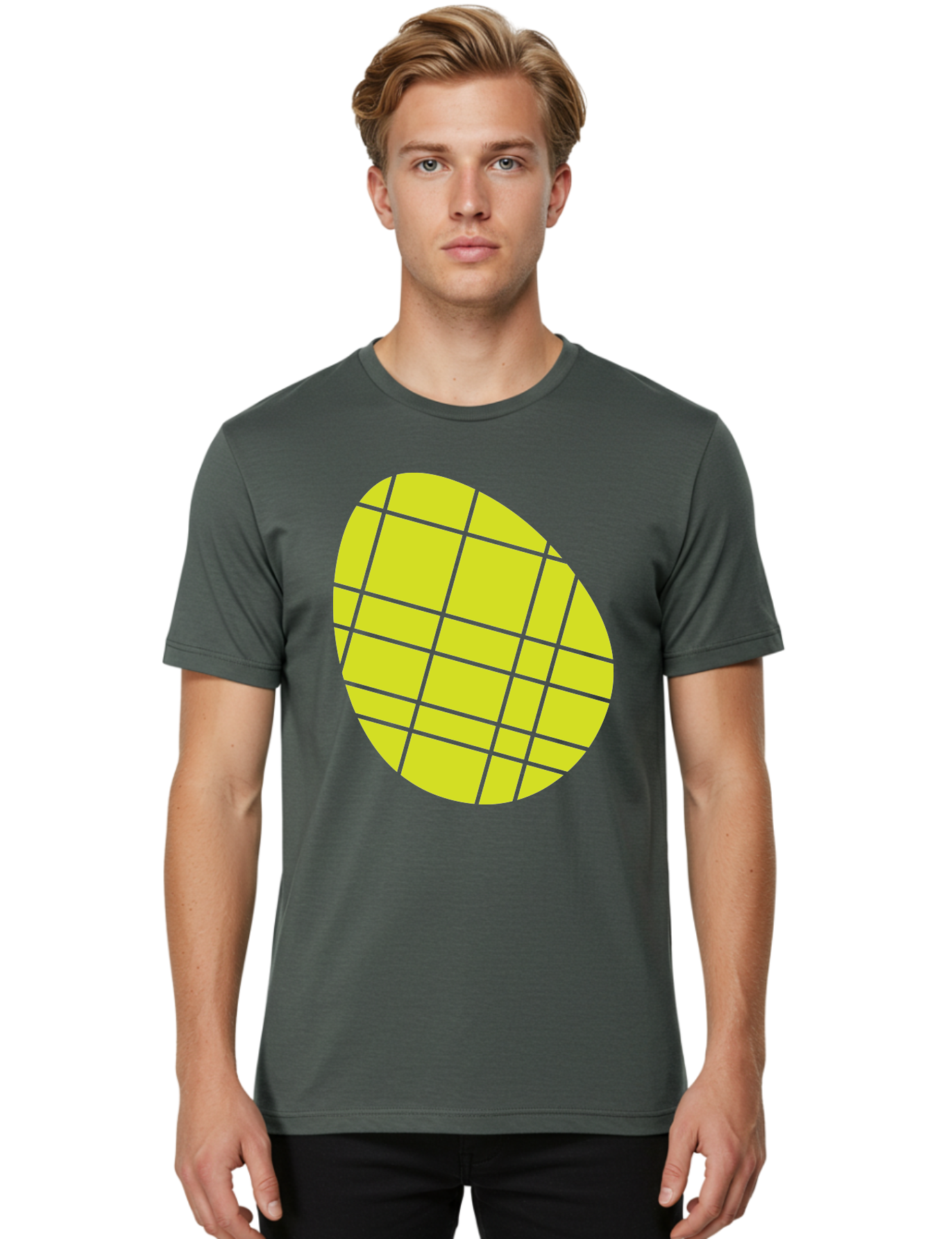 Yellow-Grid Men'S Graphic Tee, 100% Cotton, Comfortable Casual Summer Wear, Machine Washable, Yellow Circle, Grid Pattern, Geometric Shape, Modern Design, Abstract Art, Simple Graphics, Grid Lines, Vibrant Colors Aad326