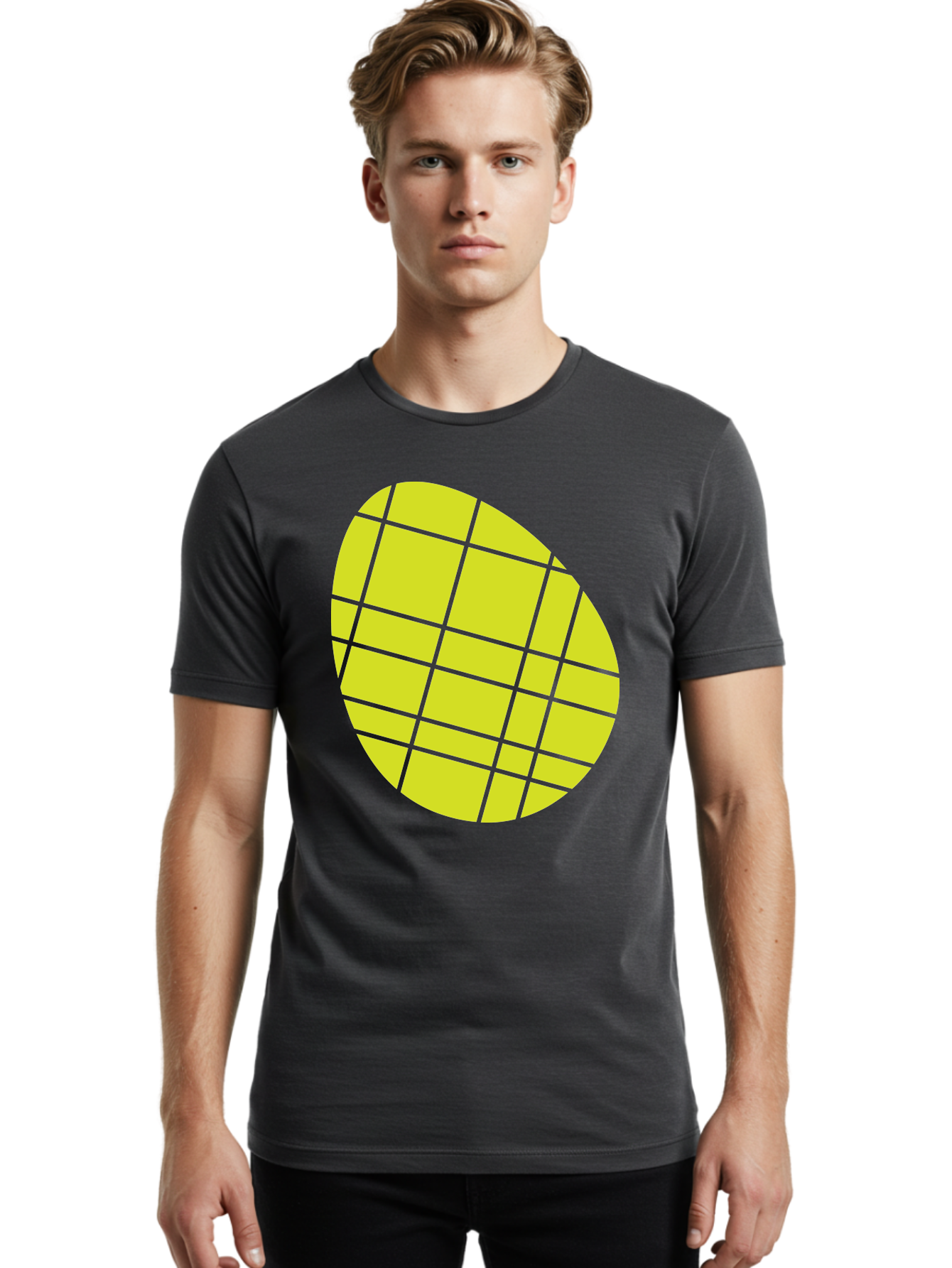 Yellow-Grid Men'S Graphic Tee, 100% Cotton, Comfortable Casual Summer Wear, Machine Washable, Yellow Circle, Grid Pattern, Geometric Shape, Modern Design, Abstract Art, Simple Graphics, Grid Lines, Vibrant Colors Aad326