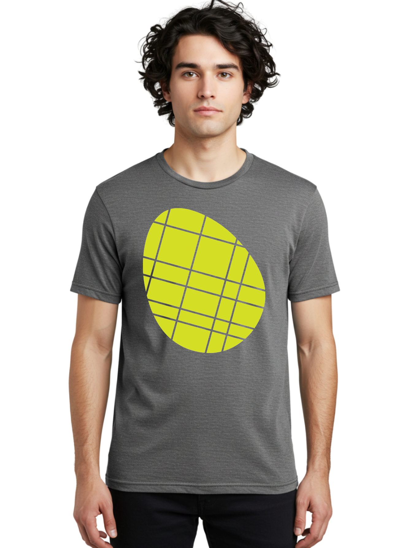 Yellow-Grid Men'S Graphic Tee, 100% Cotton, Comfortable Casual Summer Wear, Machine Washable, Yellow Circle, Grid Pattern, Geometric Shape, Modern Design, Abstract Art, Simple Graphics, Grid Lines, Vibrant Colors Aad326
