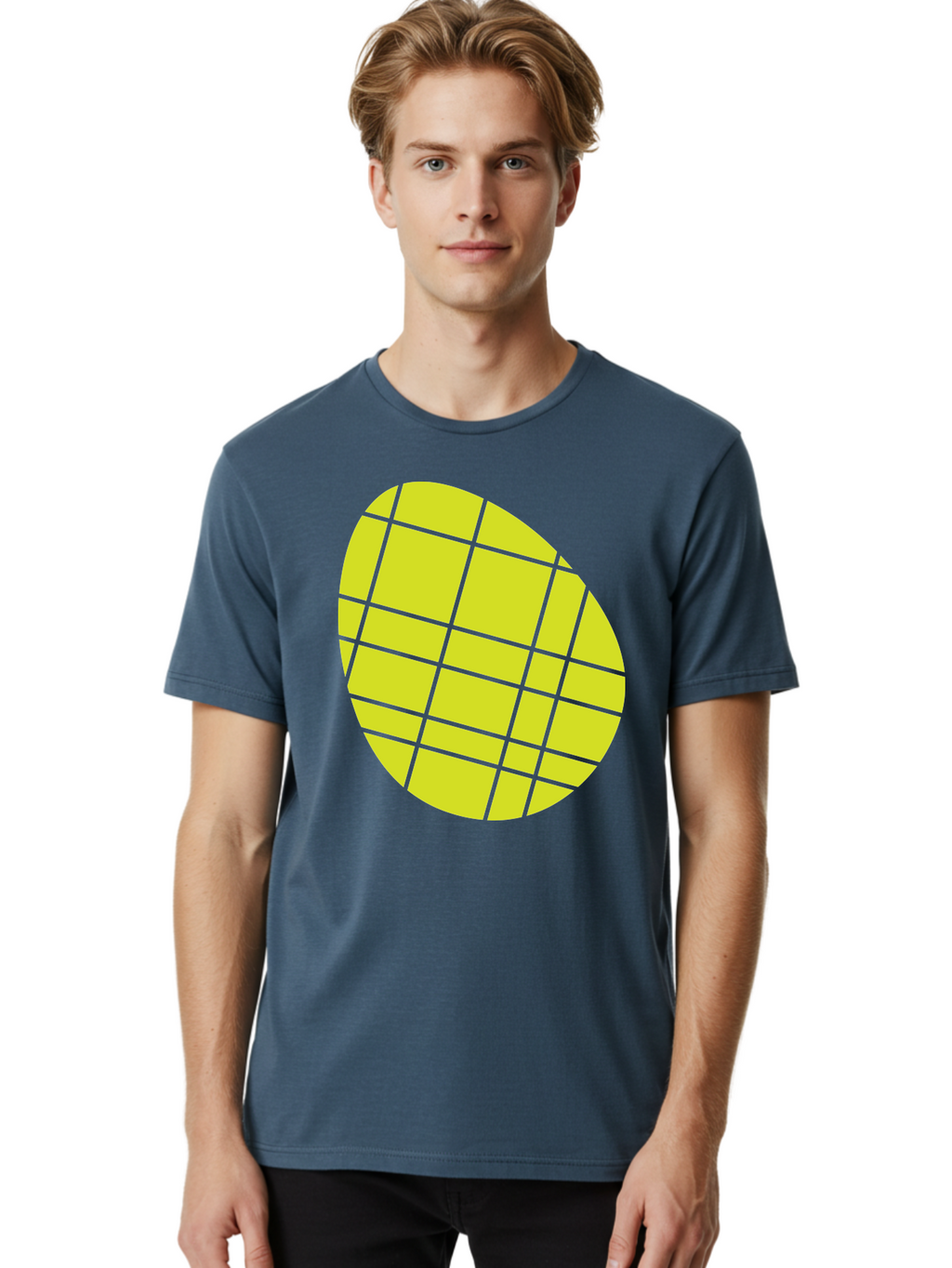 Yellow-Grid Men'S Graphic Tee, 100% Cotton, Comfortable Casual Summer Wear, Machine Washable, Yellow Circle, Grid Pattern, Geometric Shape, Modern Design, Abstract Art, Simple Graphics, Grid Lines, Vibrant Colors Aad326