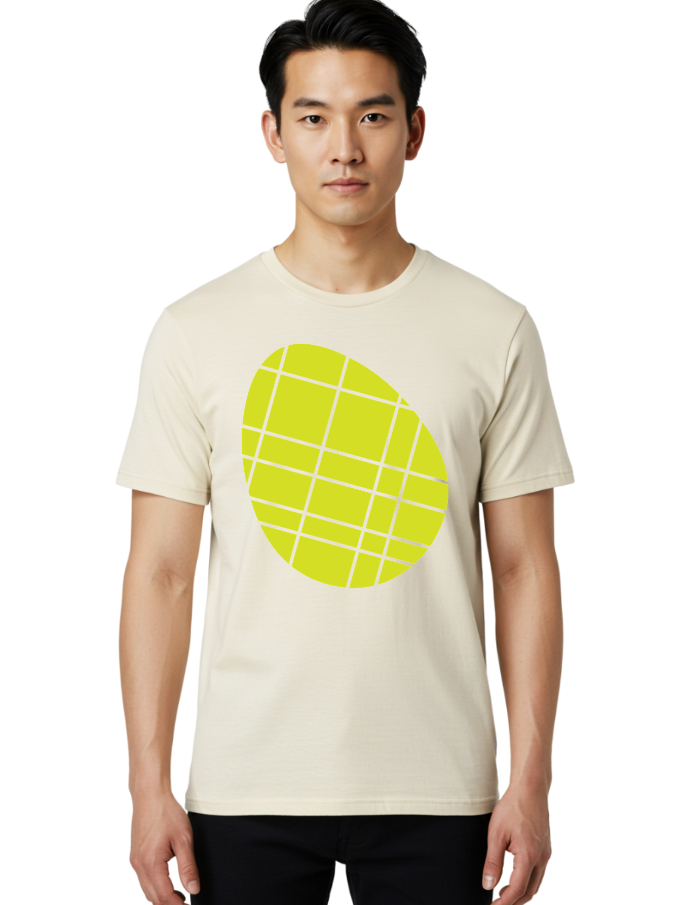 Yellow-Grid Men'S Graphic Tee, 100% Cotton, Comfortable Casual Summer Wear, Machine Washable, Yellow Circle, Grid Pattern, Geometric Shape, Modern Design, Abstract Art, Simple Graphics, Grid Lines, Vibrant Colors Aad326