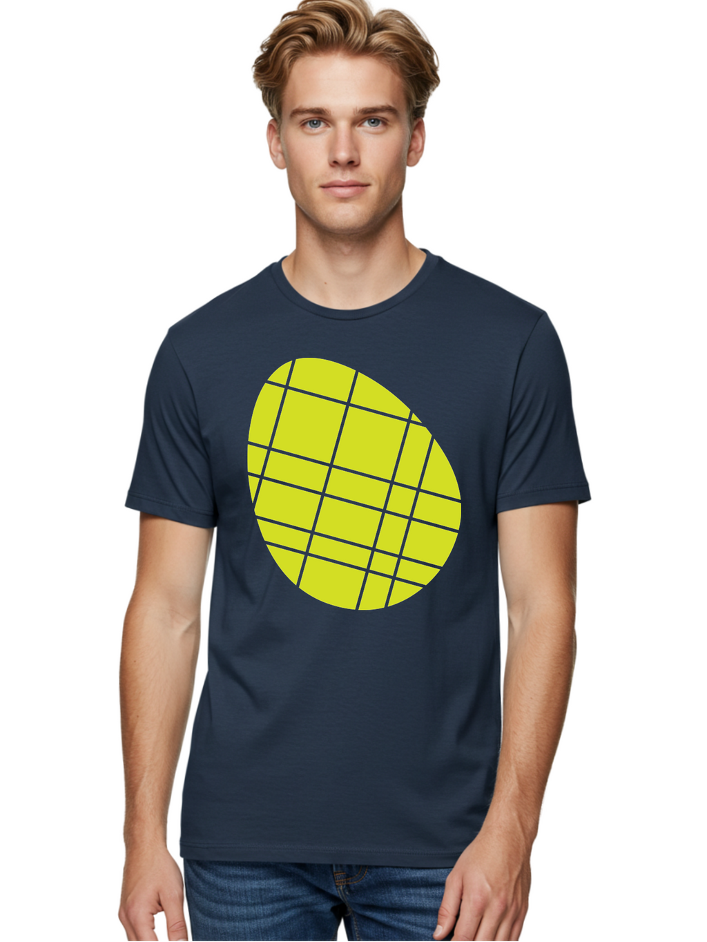 Yellow-Grid Men'S Graphic Tee, 100% Cotton, Comfortable Casual Summer Wear, Machine Washable, Yellow Circle, Grid Pattern, Geometric Shape, Modern Design, Abstract Art, Simple Graphics, Grid Lines, Vibrant Colors Aad326