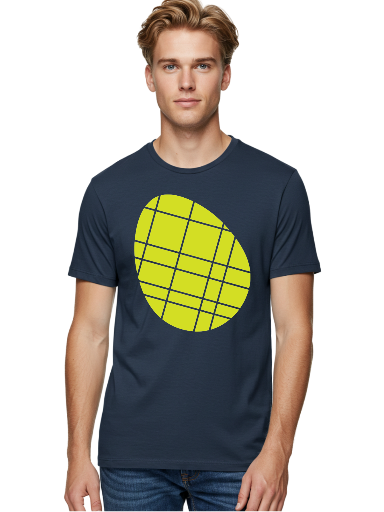 Yellow-Grid Men'S Graphic Tee, 100% Cotton, Comfortable Casual Summer Wear, Machine Washable, Yellow Circle, Grid Pattern, Geometric Shape, Modern Design, Abstract Art, Simple Graphics, Grid Lines, Vibrant Colors Aad326