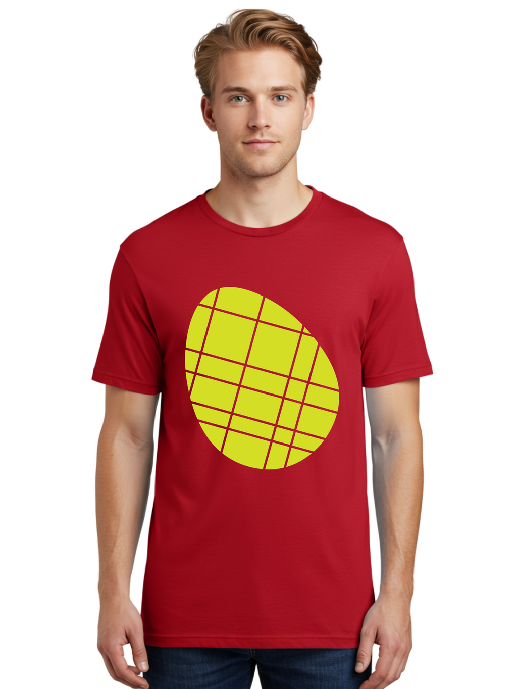 Yellow-Grid Men'S Graphic Tee, 100% Cotton, Comfortable Casual Summer Wear, Machine Washable, Yellow Circle, Grid Pattern, Geometric Shape, Modern Design, Abstract Art, Simple Graphics, Grid Lines, Vibrant Colors Aad326