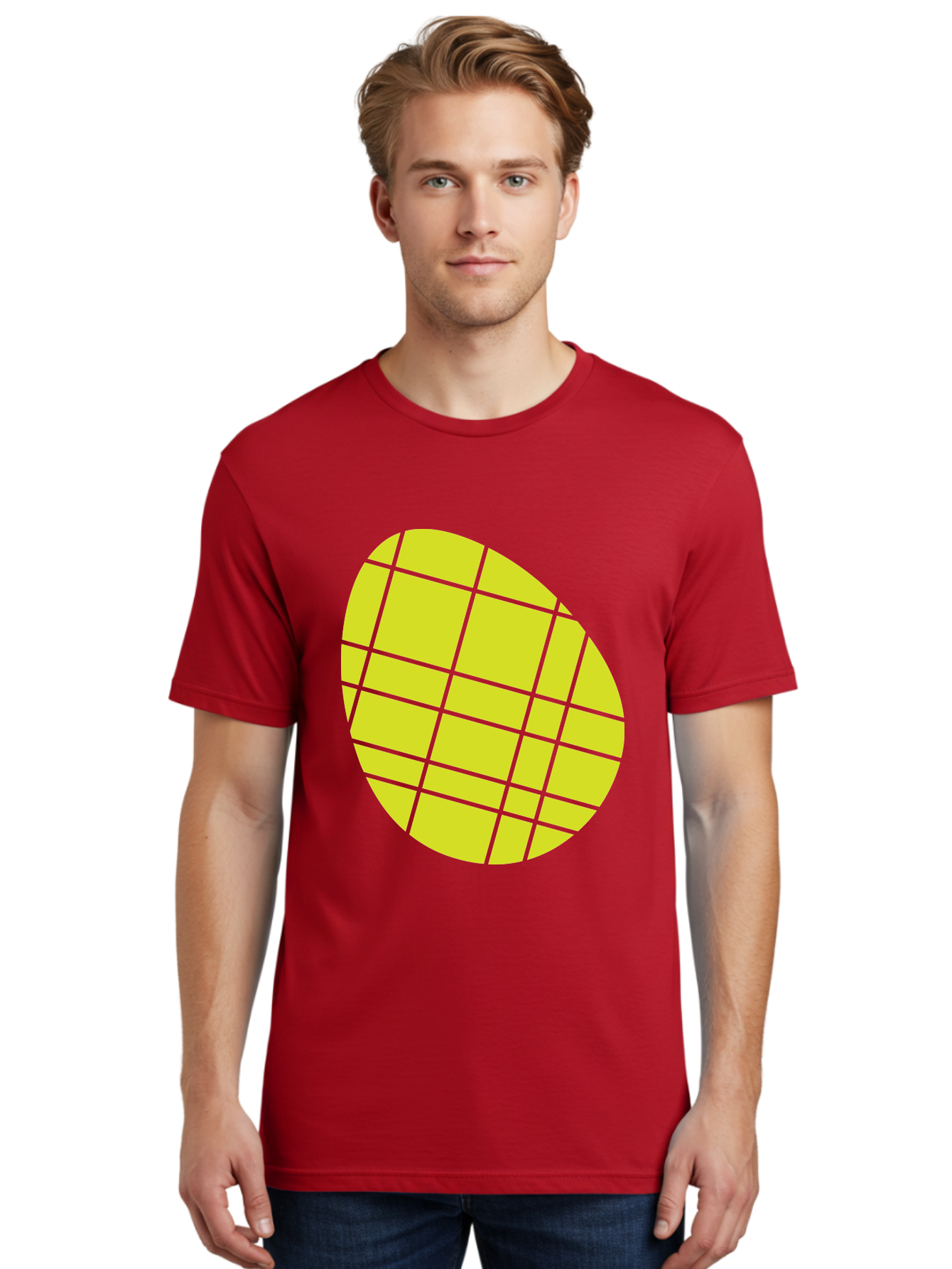Yellow-Grid Men'S Graphic Tee, 100% Cotton, Comfortable Casual Summer Wear, Machine Washable, Yellow Circle, Grid Pattern, Geometric Shape, Modern Design, Abstract Art, Simple Graphics, Grid Lines, Vibrant Colors Aad326