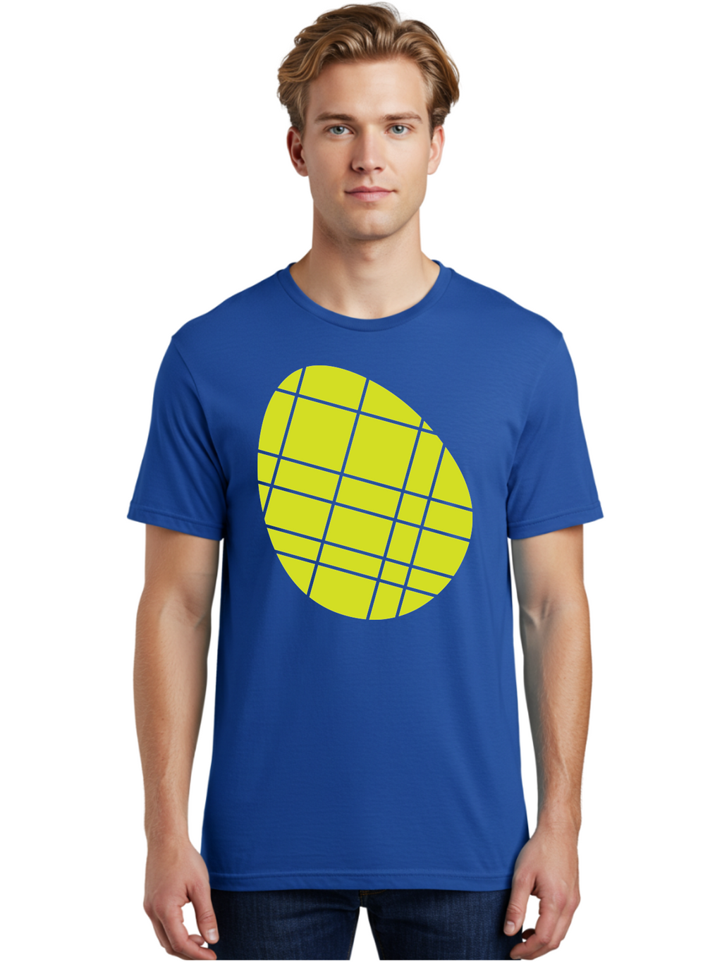 Yellow-Grid Men'S Graphic Tee, 100% Cotton, Comfortable Casual Summer Wear, Machine Washable, Yellow Circle, Grid Pattern, Geometric Shape, Modern Design, Abstract Art, Simple Graphics, Grid Lines, Vibrant Colors Aad326