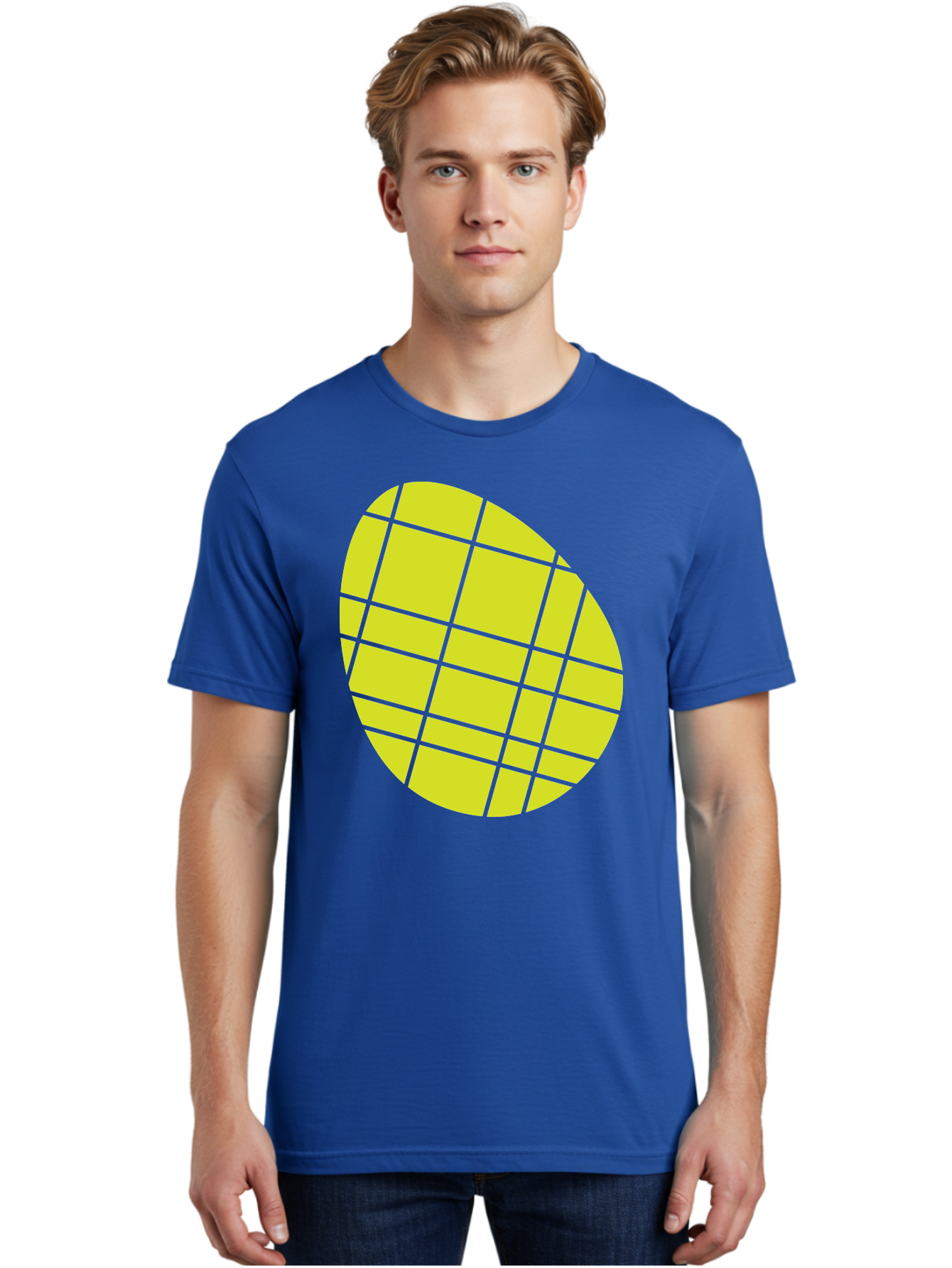 Yellow-Grid Men'S Graphic Tee, 100% Cotton, Comfortable Casual Summer Wear, Machine Washable, Yellow Circle, Grid Pattern, Geometric Shape, Modern Design, Abstract Art, Simple Graphics, Grid Lines, Vibrant Colors Aad326