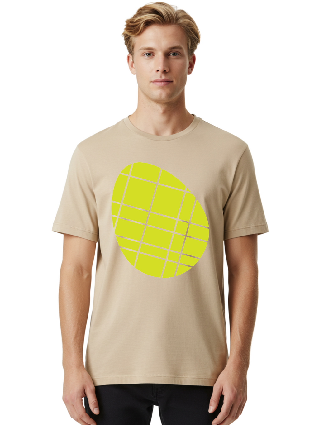 Yellow-Grid Men'S Graphic Tee, 100% Cotton, Comfortable Casual Summer Wear, Machine Washable, Yellow Circle, Grid Pattern, Geometric Shape, Modern Design, Abstract Art, Simple Graphics, Grid Lines, Vibrant Colors Aad326