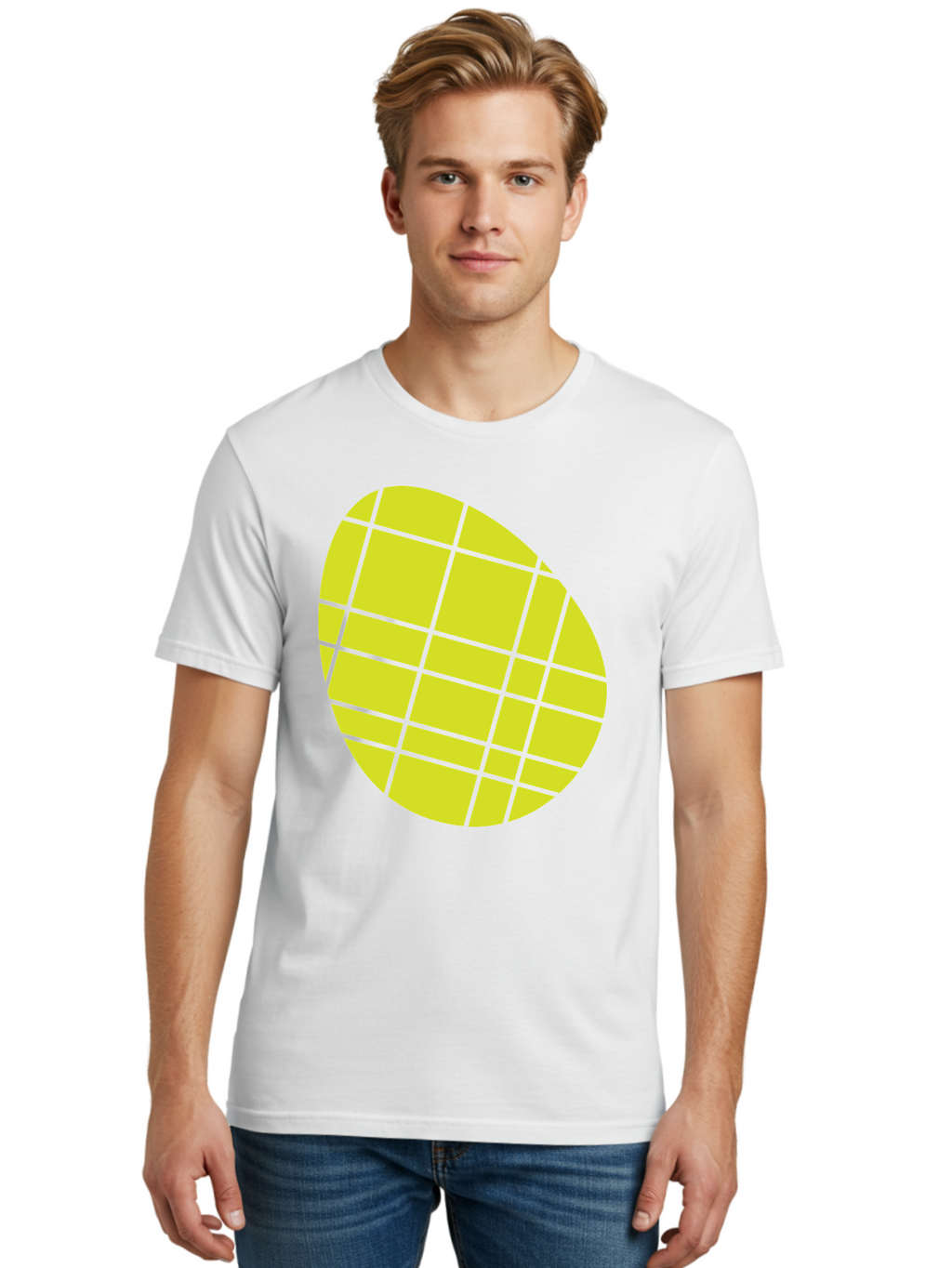 Yellow-Grid Men'S Graphic Tee, 100% Cotton, Comfortable Casual Summer Wear, Machine Washable, Yellow Circle, Grid Pattern, Geometric Shape, Modern Design, Abstract Art, Simple Graphics, Grid Lines, Vibrant Colors Aad326