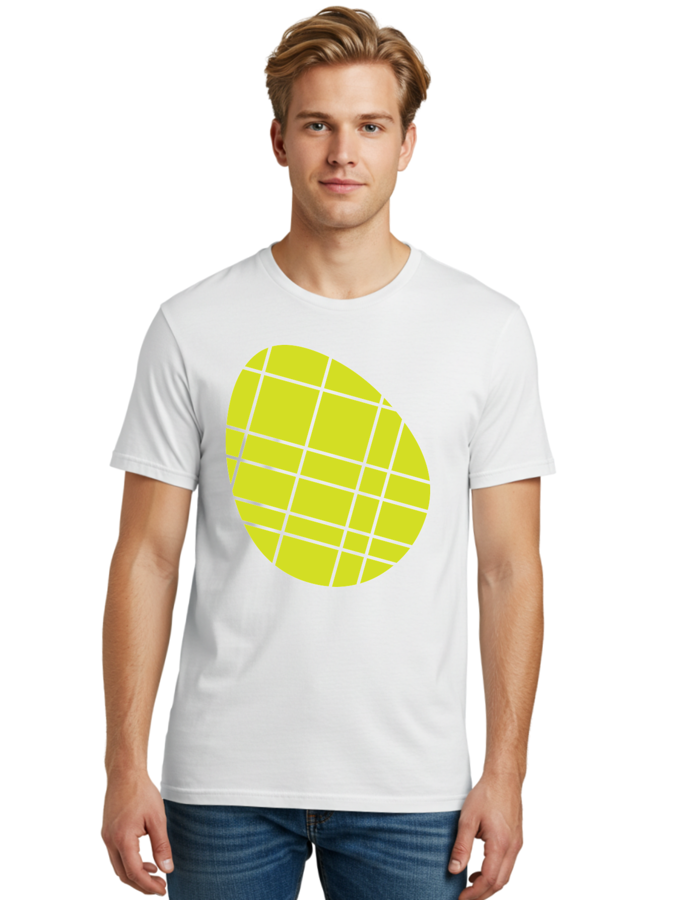 Yellow-Grid Men'S Graphic Tee, 100% Cotton, Comfortable Casual Summer Wear, Machine Washable, Yellow Circle, Grid Pattern, Geometric Shape, Modern Design, Abstract Art, Simple Graphics, Grid Lines, Vibrant Colors Aad326