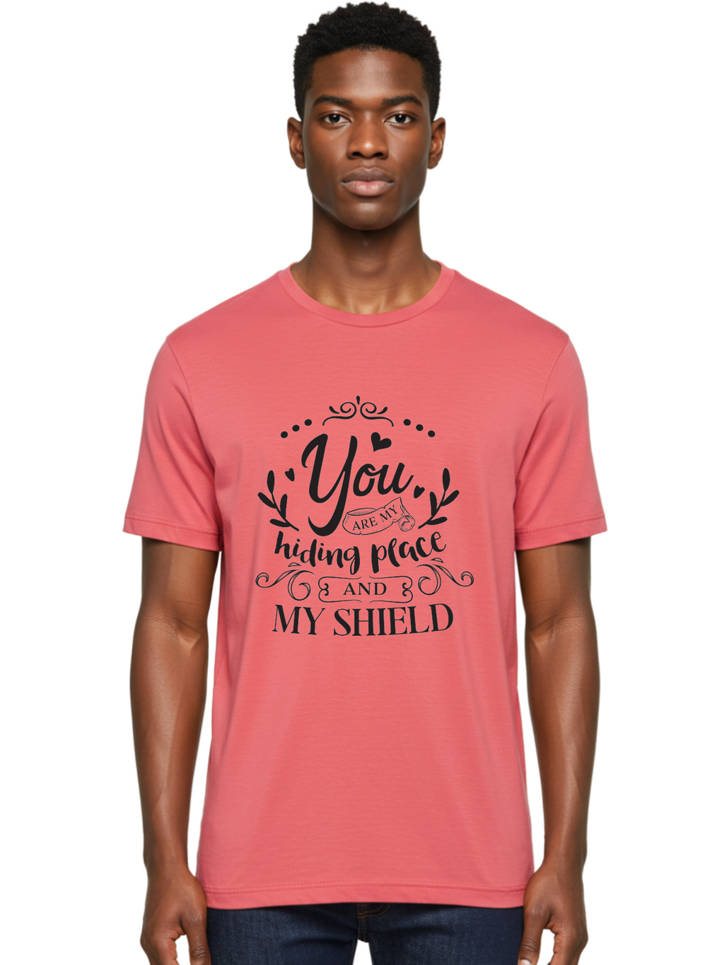You-Are-My-Hiding-Place Men'S Graphic Tee, 100% Cotton, Comfortable Casual Summer Wear, Machine Washable, Inspirational Quote, Motivational Words, Love Message, Heartwarming Phrase, Decorative Typography, You Are My Hiding Place And My Shield, Aad333