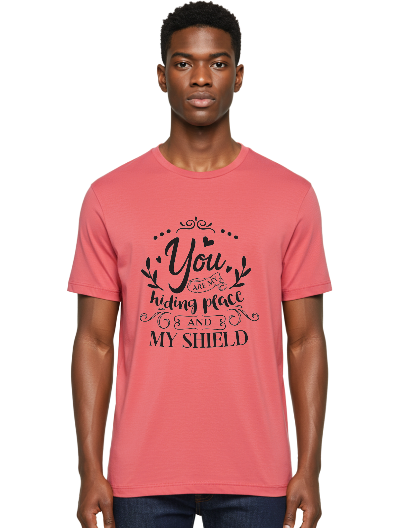 You-Are-My-Hiding-Place Men'S Graphic Tee, 100% Cotton, Comfortable Casual Summer Wear, Machine Washable, Inspirational Quote, Motivational Words, Love Message, Heartwarming Phrase, Decorative Typography, You Are My Hiding Place And My Shield, Aad333