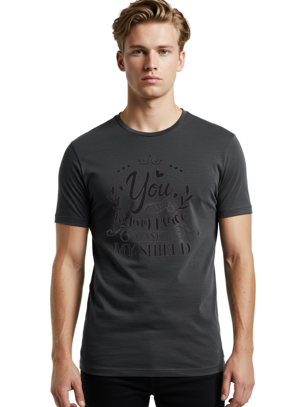 You-Are-My-Hiding-Place Men'S Graphic Tee, 100% Cotton, Comfortable Casual Summer Wear, Machine Washable, Inspirational Quote, Motivational Words, Love Message, Heartwarming Phrase, Decorative Typography, You Are My Hiding Place And My Shield, Aad333