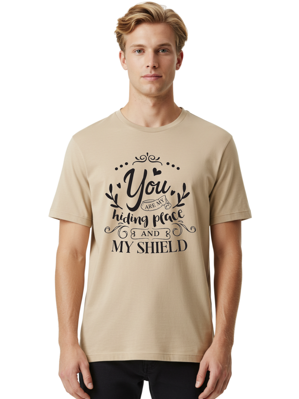 You-Are-My-Hiding-Place Men'S Graphic Tee, 100% Cotton, Comfortable Casual Summer Wear, Machine Washable, Inspirational Quote, Motivational Words, Love Message, Heartwarming Phrase, Decorative Typography, You Are My Hiding Place And My Shield, Aad333