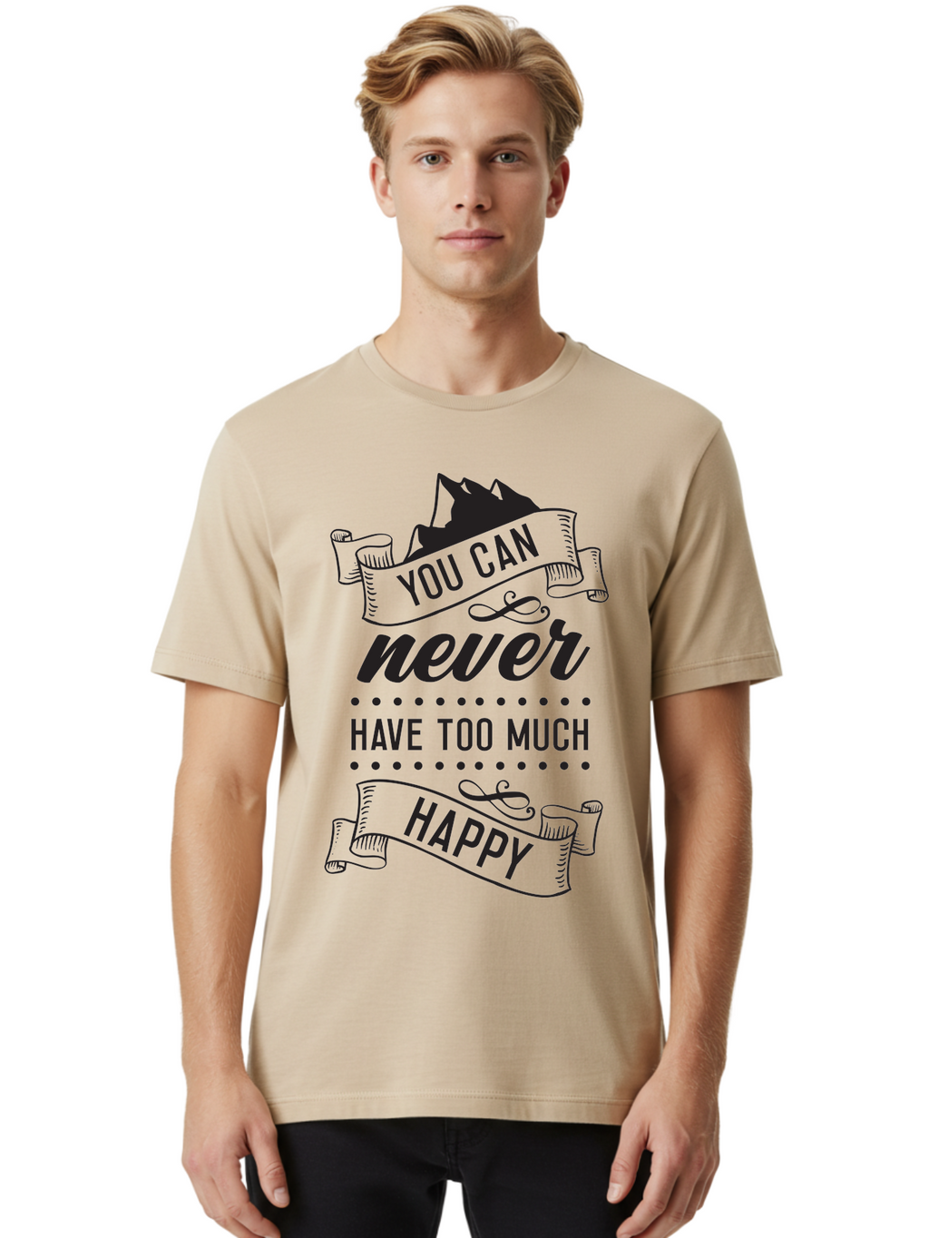 You-Can-Never-Have-Too-Much-Happy Men'S Graphic Tee, 100% Cotton, Comfortable Casual Summer Wear, Machine Washable, Motivational Quote, Happiness, Positivity, Inspirational Message, You Can Never Have Too Much Happy, Uplifting Words, Aad339