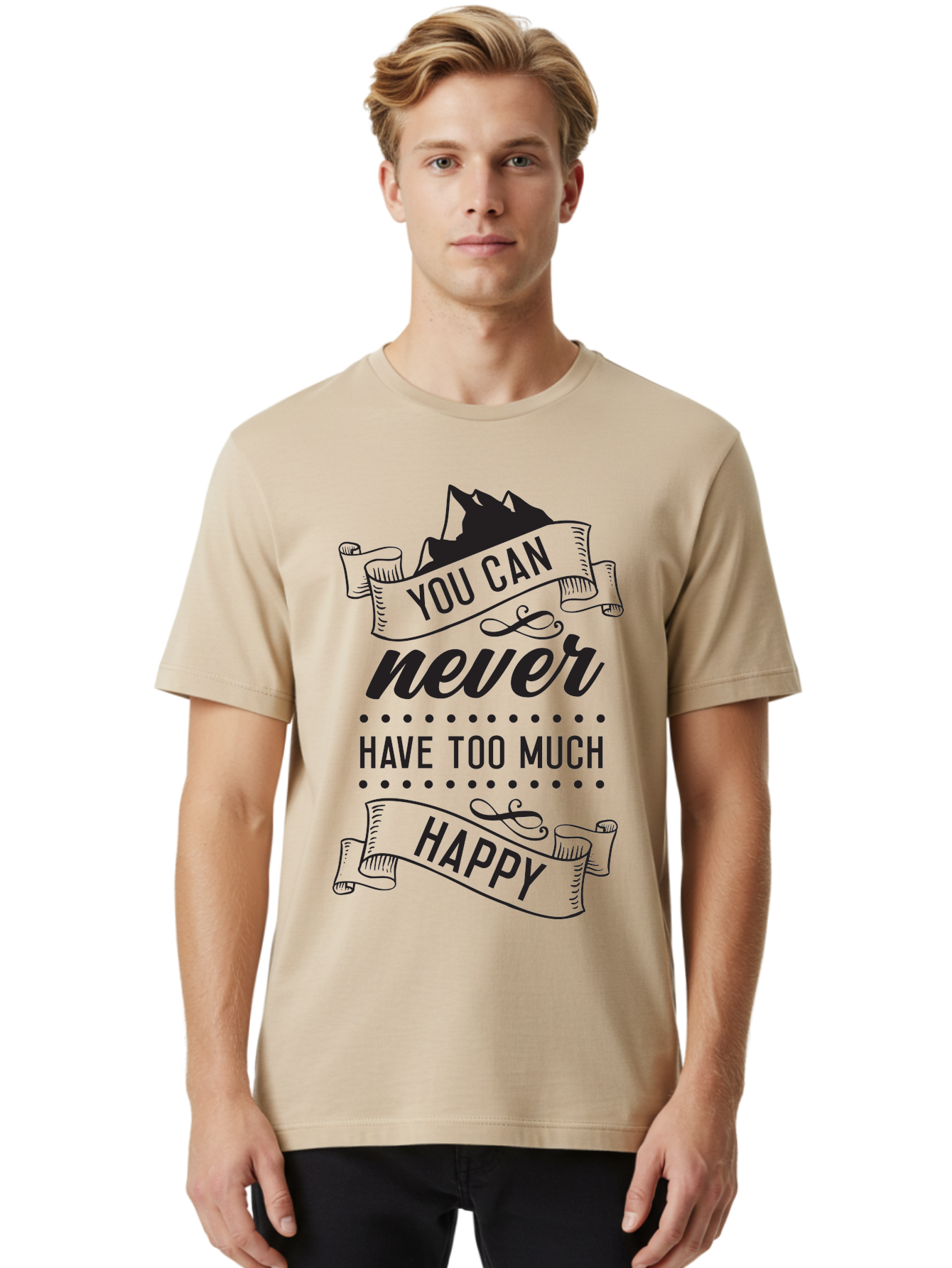 You-Can-Never-Have-Too-Much-Happy Men'S Graphic Tee, 100% Cotton, Comfortable Casual Summer Wear, Machine Washable, Motivational Quote, Happiness, Positivity, Inspirational Message, You Can Never Have Too Much Happy, Uplifting Words, Aad339
