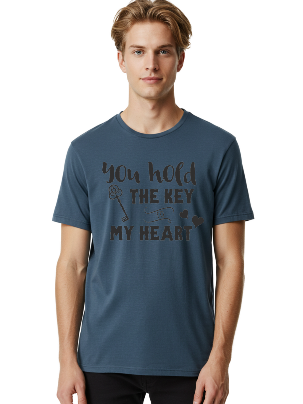 You-Hold-The-Key-To-My-Heart Men'S Graphic Tee, 100% Cotton, Comfortable Casual Summer Wear, Machine Washable, Romantic Quote, Love Message, Valentines Day Gift, Heartwarming Phrase, Couple Goals, Love Key, Heart Symbol, Decorative Hearts Aad342