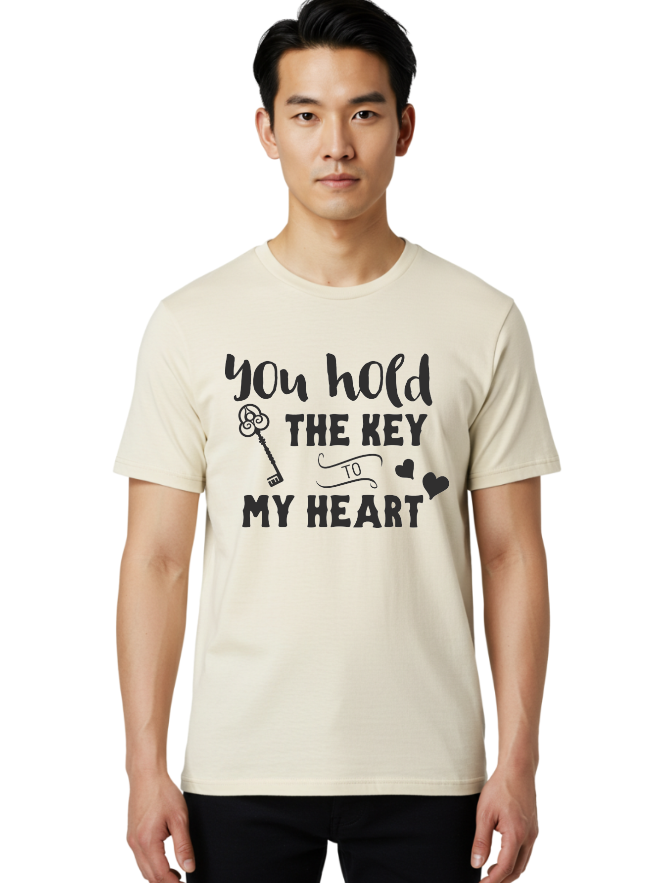 You-Hold-The-Key-To-My-Heart Men'S Graphic Tee, 100% Cotton, Comfortable Casual Summer Wear, Machine Washable, Romantic Quote, Love Message, Valentines Day Gift, Heartwarming Phrase, Couple Goals, Love Key, Heart Symbol, Decorative Hearts Aad342