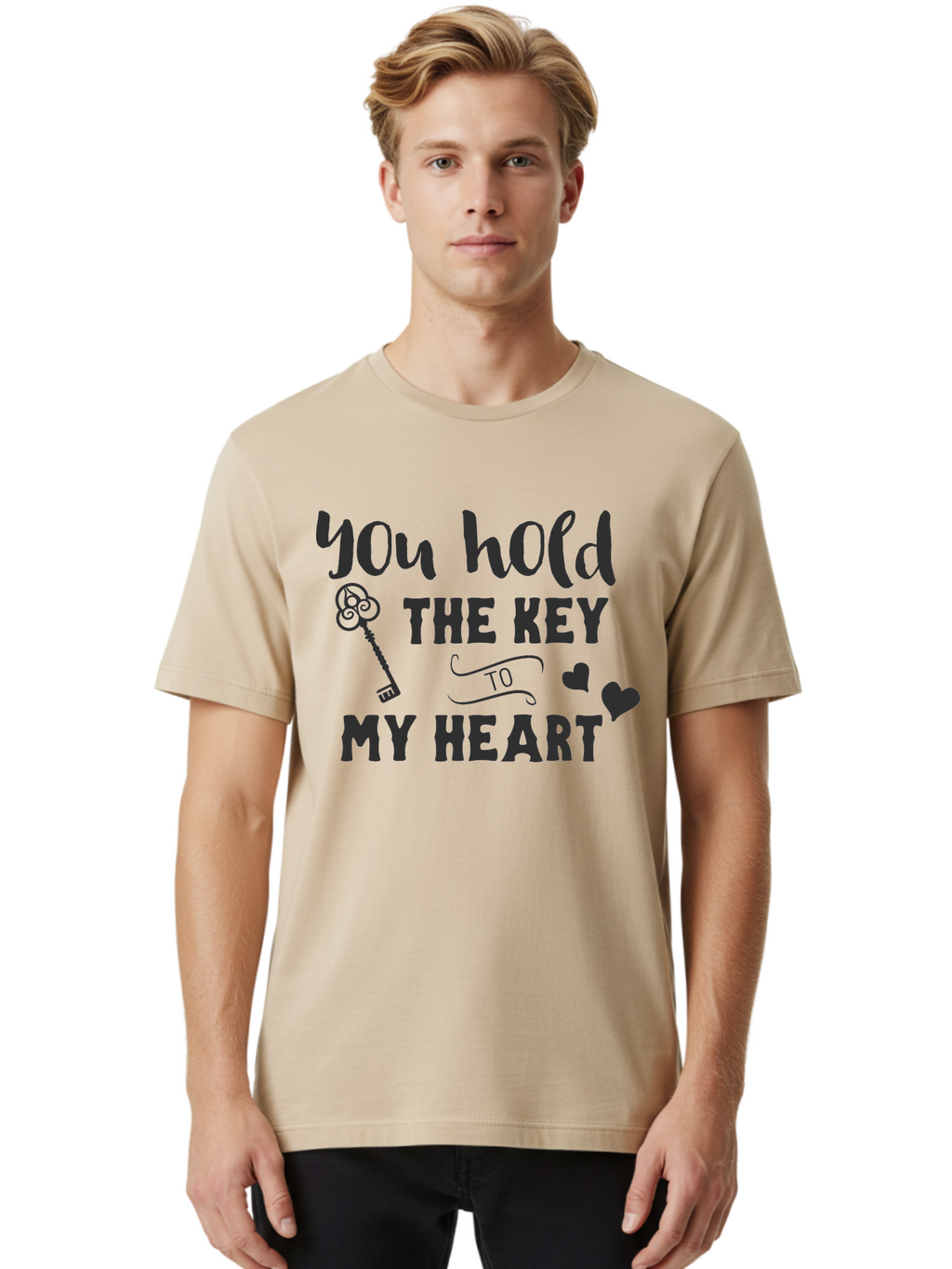 You-Hold-The-Key-To-My-Heart Men'S Graphic Tee, 100% Cotton, Comfortable Casual Summer Wear, Machine Washable, Romantic Quote, Love Message, Valentines Day Gift, Heartwarming Phrase, Couple Goals, Love Key, Heart Symbol, Decorative Hearts Aad342