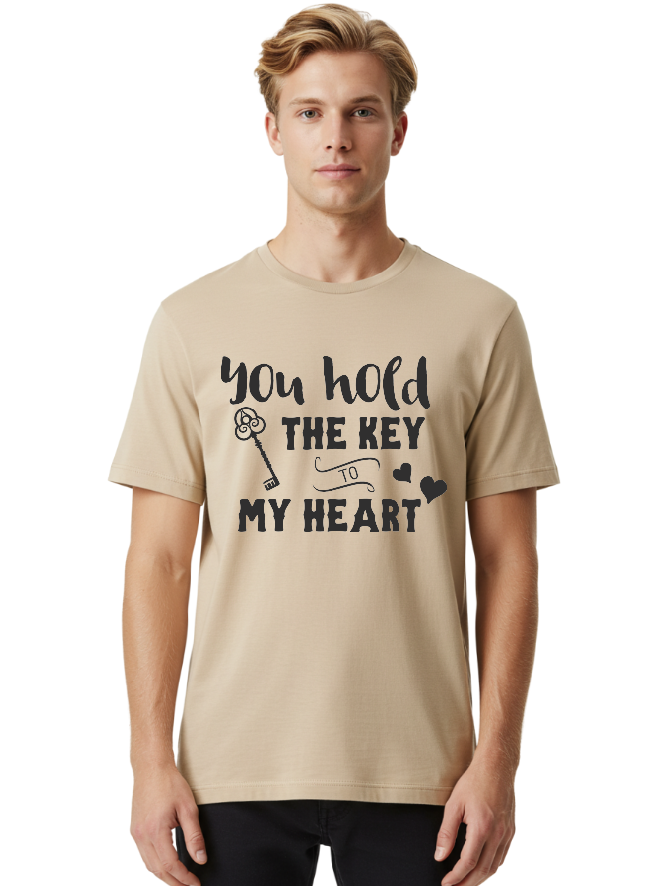 You-Hold-The-Key-To-My-Heart Men'S Graphic Tee, 100% Cotton, Comfortable Casual Summer Wear, Machine Washable, Romantic Quote, Love Message, Valentines Day Gift, Heartwarming Phrase, Couple Goals, Love Key, Heart Symbol, Decorative Hearts Aad342