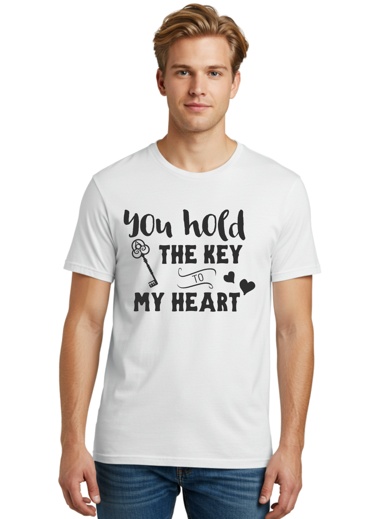 You-Hold-The-Key-To-My-Heart Men'S Graphic Tee, 100% Cotton, Comfortable Casual Summer Wear, Machine Washable, Romantic Quote, Love Message, Valentines Day Gift, Heartwarming Phrase, Couple Goals, Love Key, Heart Symbol, Decorative Hearts Aad342
