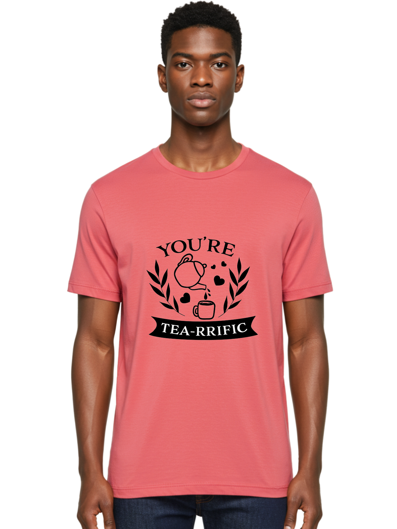 You-Re-Tea-Rrific Men'S Graphic Tee, 100% Cotton, Comfortable Casual Summer Wear, Machine Washable, Tea-Rific, Tea Lover, Punny Design, Heartwarming Message, Tea Time, Teapot, Hearts, Laurel Wreath Aad348