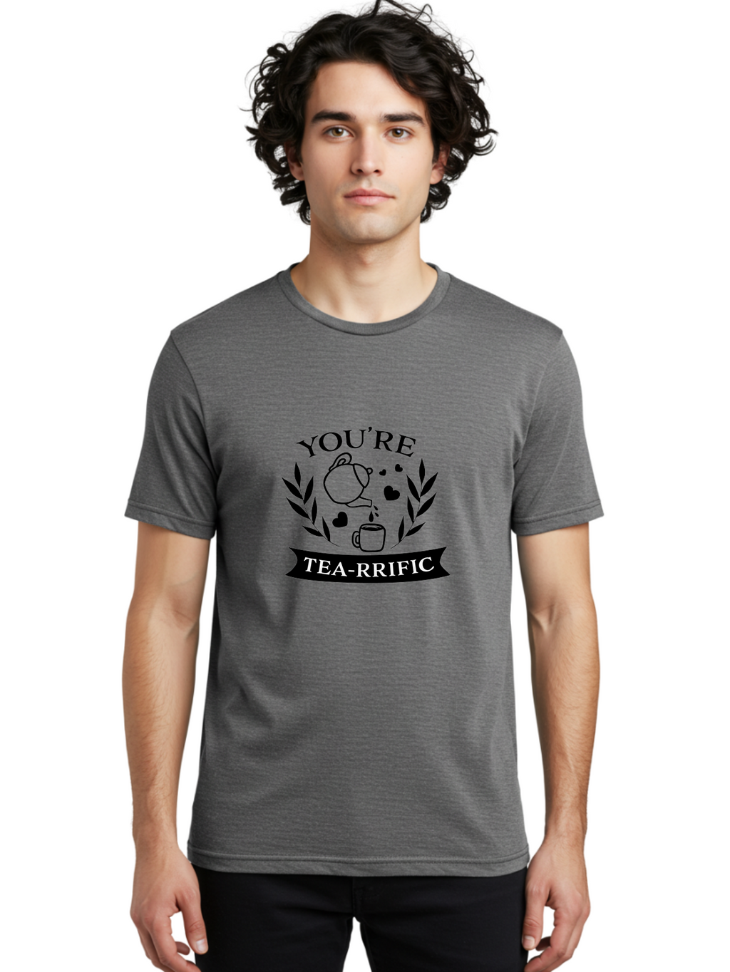 You-Re-Tea-Rrific Men'S Graphic Tee, 100% Cotton, Comfortable Casual Summer Wear, Machine Washable, Tea-Rific, Tea Lover, Punny Design, Heartwarming Message, Tea Time, Teapot, Hearts, Laurel Wreath Aad348